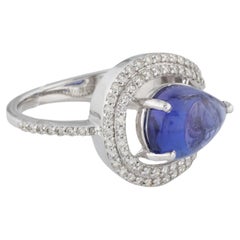 Anillo de cóctel de oro blanco rodiado de 14 quilates con tanzanita y diamantes de 3,96 ct, talla 7