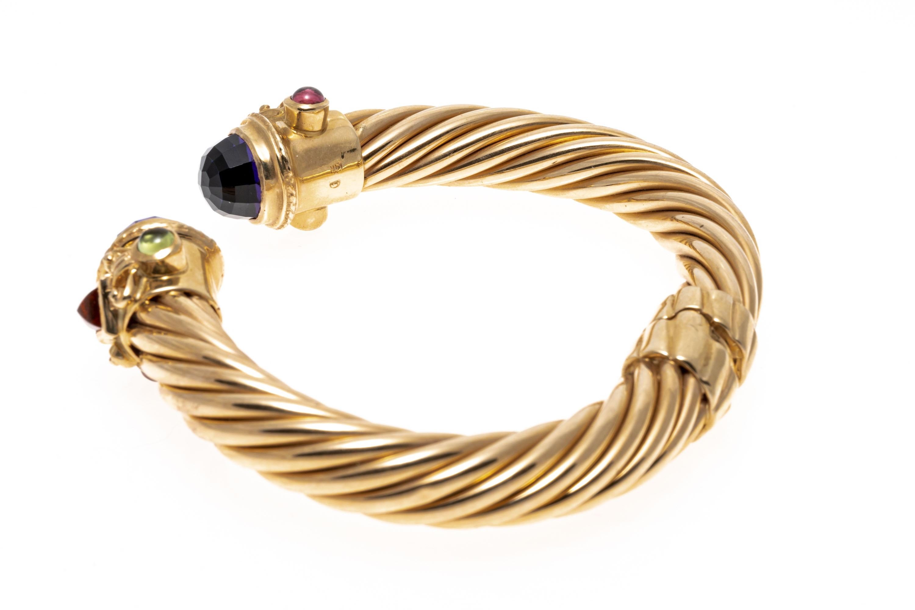 Cabochon 14k Ribbed Hinged Cuff Bangle Bracelet with Amethysts, Tourmalines and Citrines