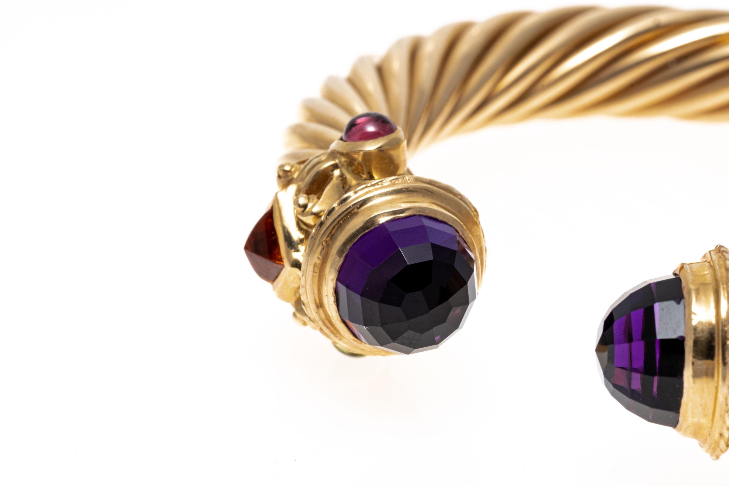14k Ribbed Hinged Cuff Bangle Bracelet with Amethysts, Tourmalines and Citrines In Good Condition In Southport, CT