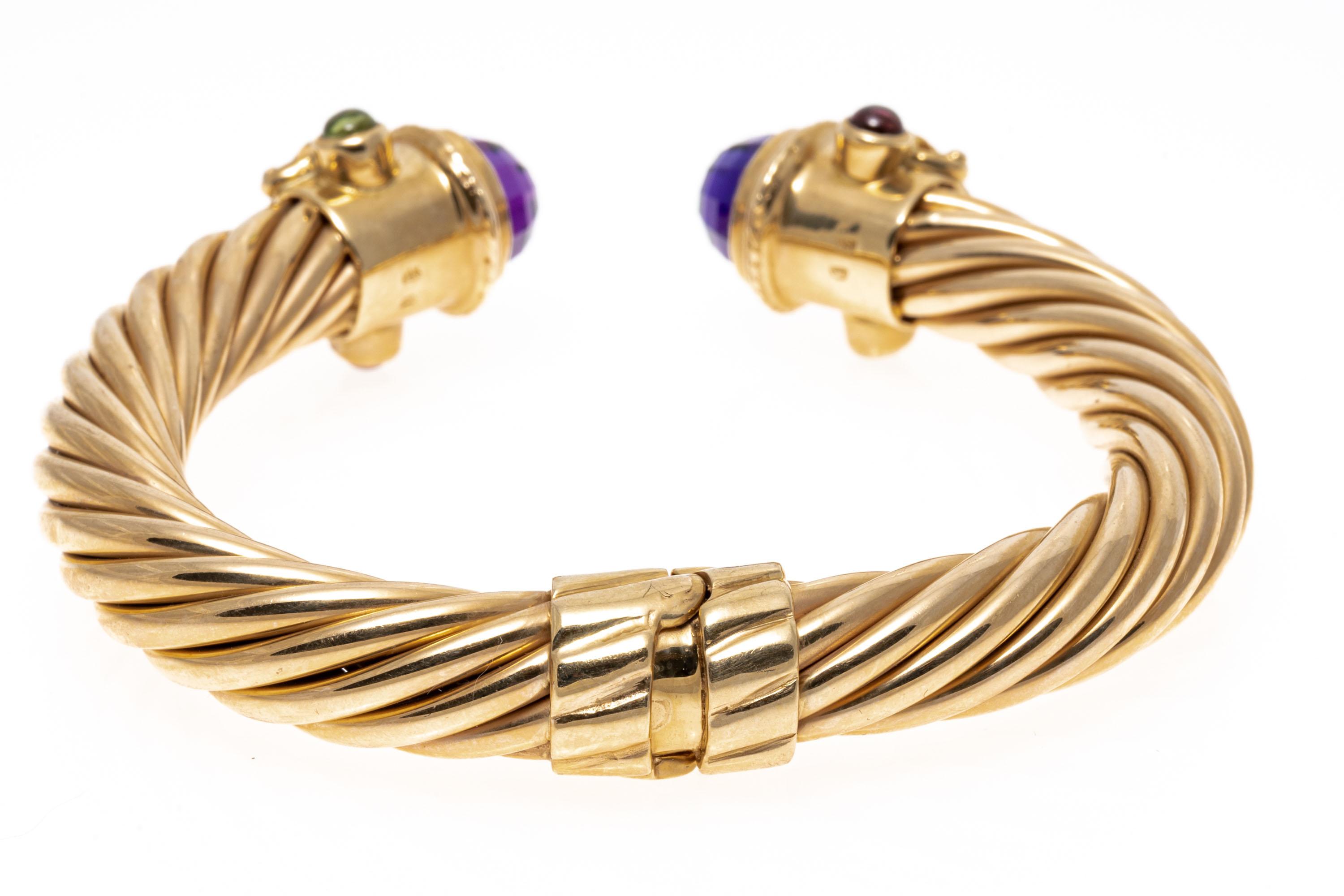 Women's 14k Ribbed Hinged Cuff Bangle Bracelet with Amethysts, Tourmalines and Citrines