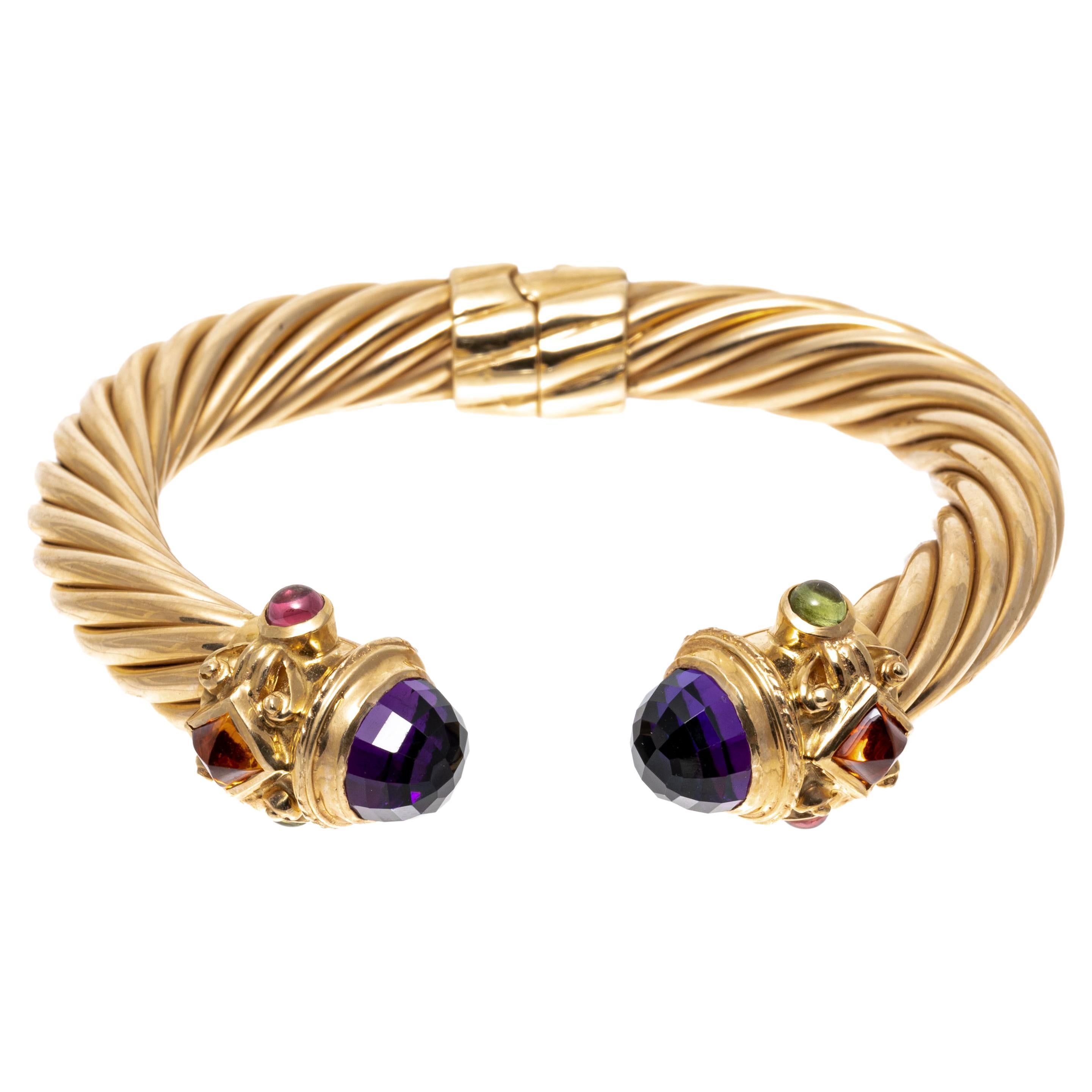 14k Ribbed Hinged Cuff Bangle Bracelet with Amethysts, Tourmalines and Citrines