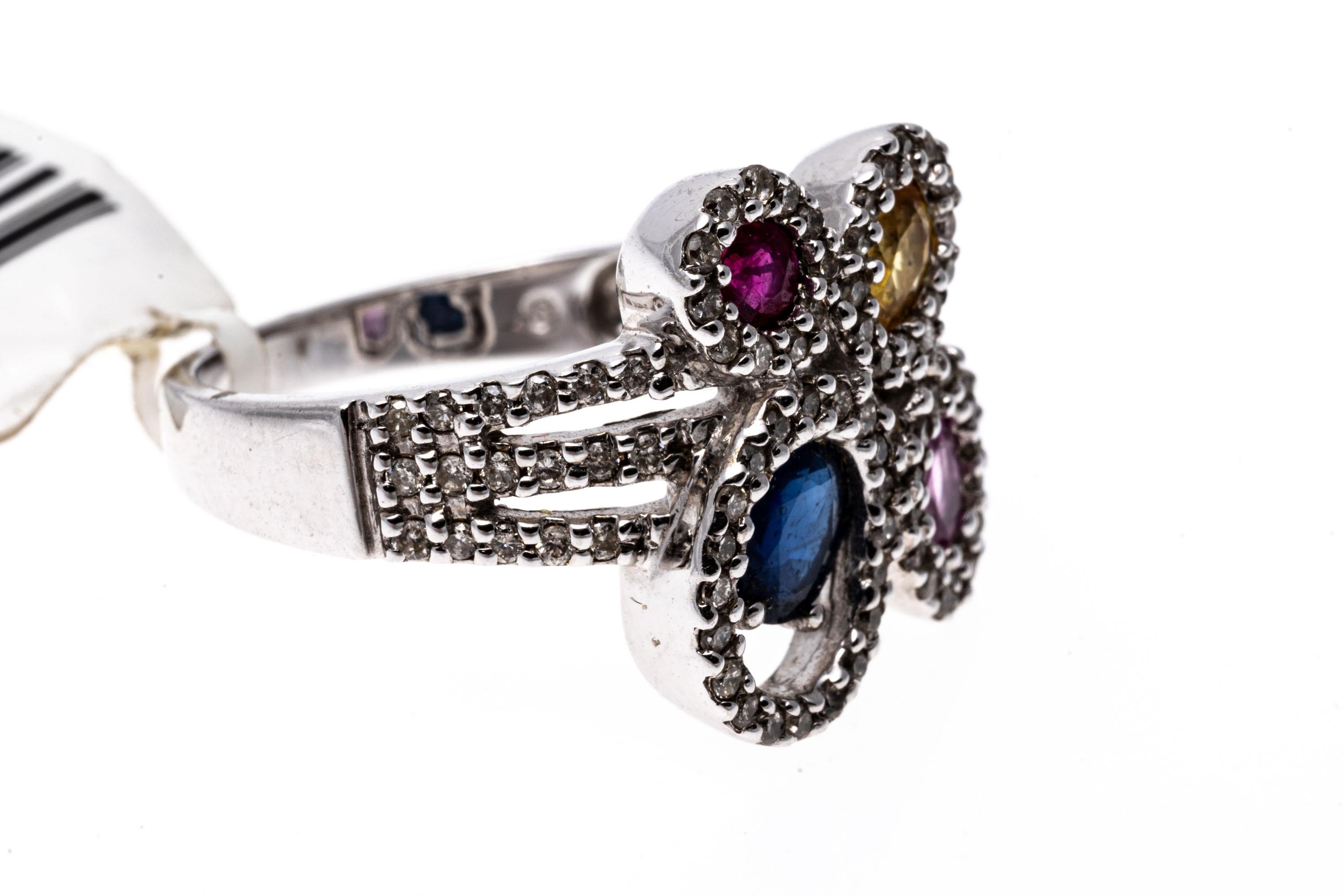 14K White Gold Contemporary Diamond Ruby and Blue, Yellow and Pink Sapphire Ring For Sale 1