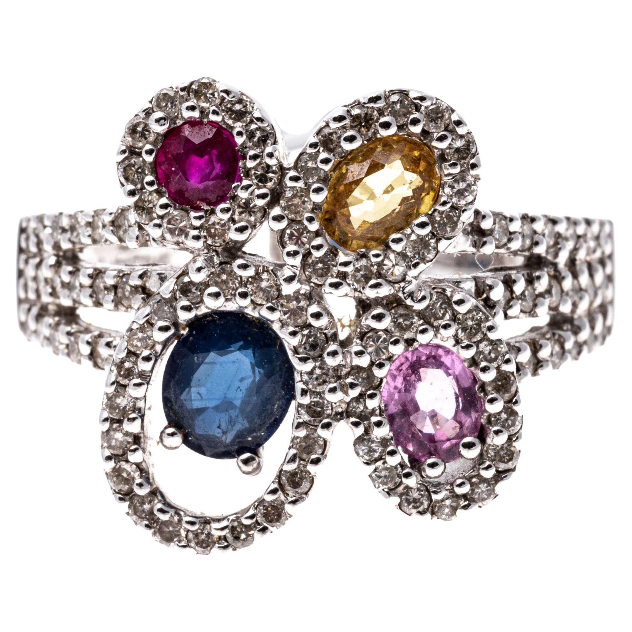 14K White Gold Contemporary Diamond Ruby and Blue, Yellow and Pink Sapphire Ring For Sale