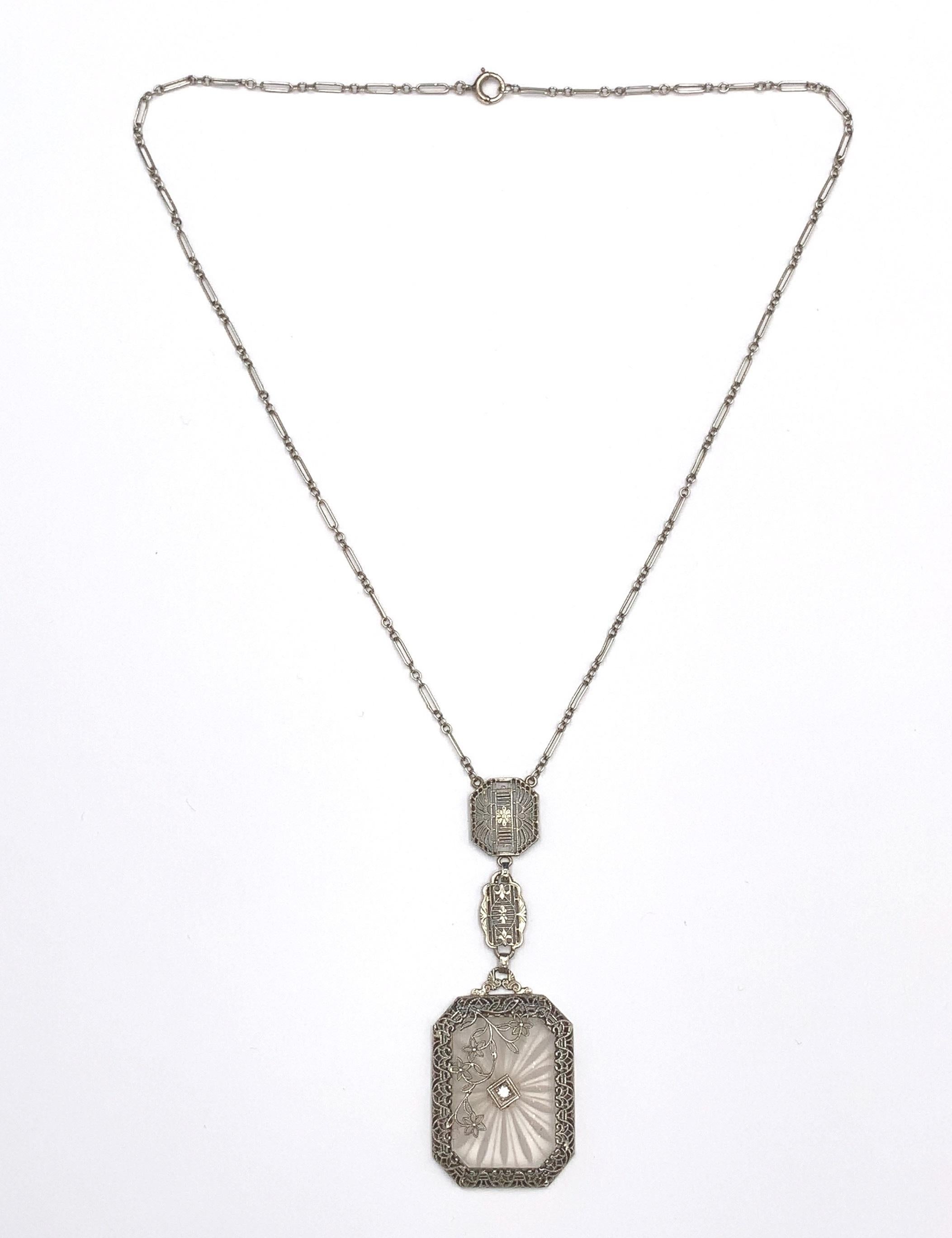 Filigrane 14k Bergkristall-Quarz-Deco-Halskette (Asscher-Schliff) im Angebot