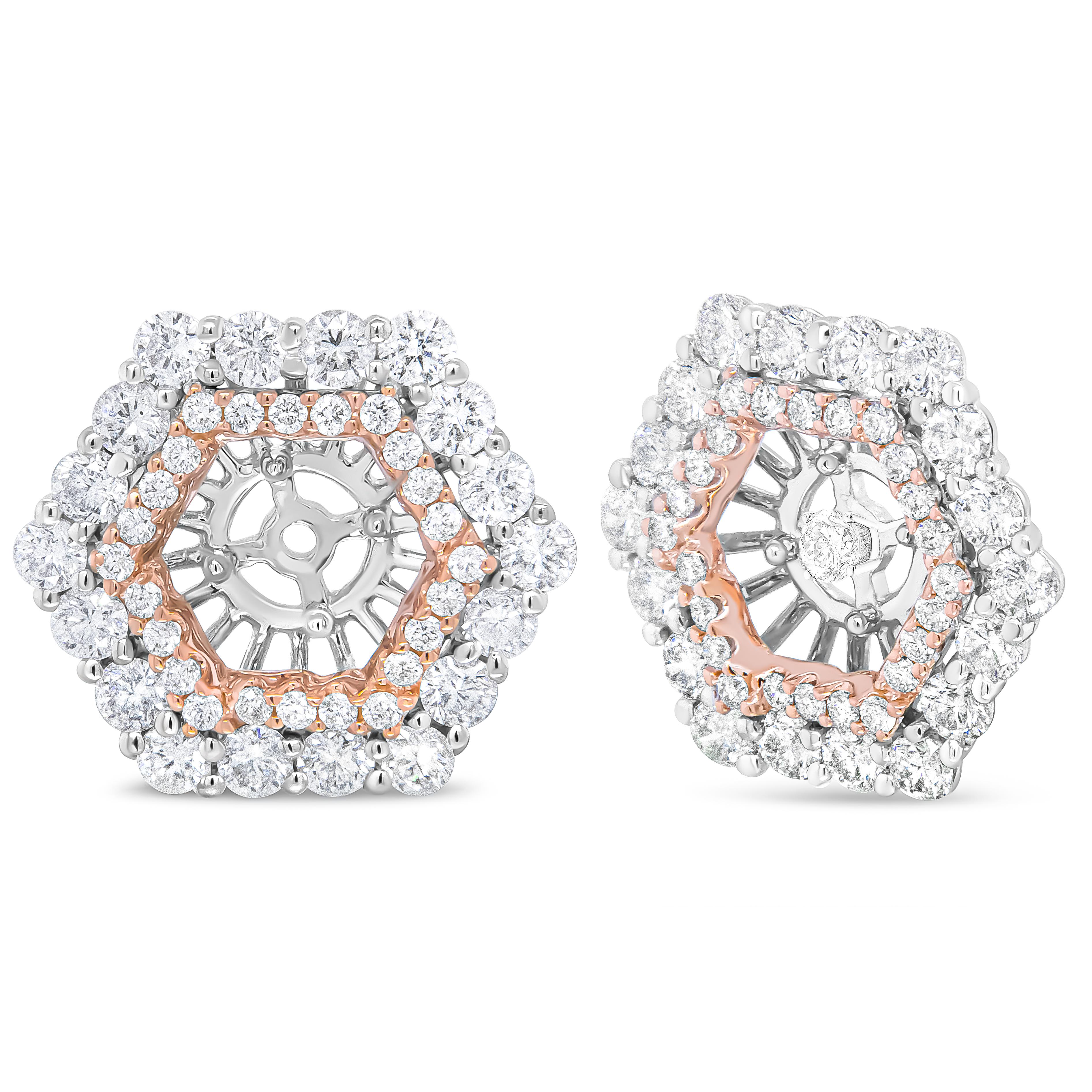 Upgrade your existing stud earrings with the sensational halo style of this diamond earring jacket that fits earrings up to 6 MM. A dazzling two tone look comes from the genuine 14k rose and white gold metal. A double hexagonal halo will dazzle your