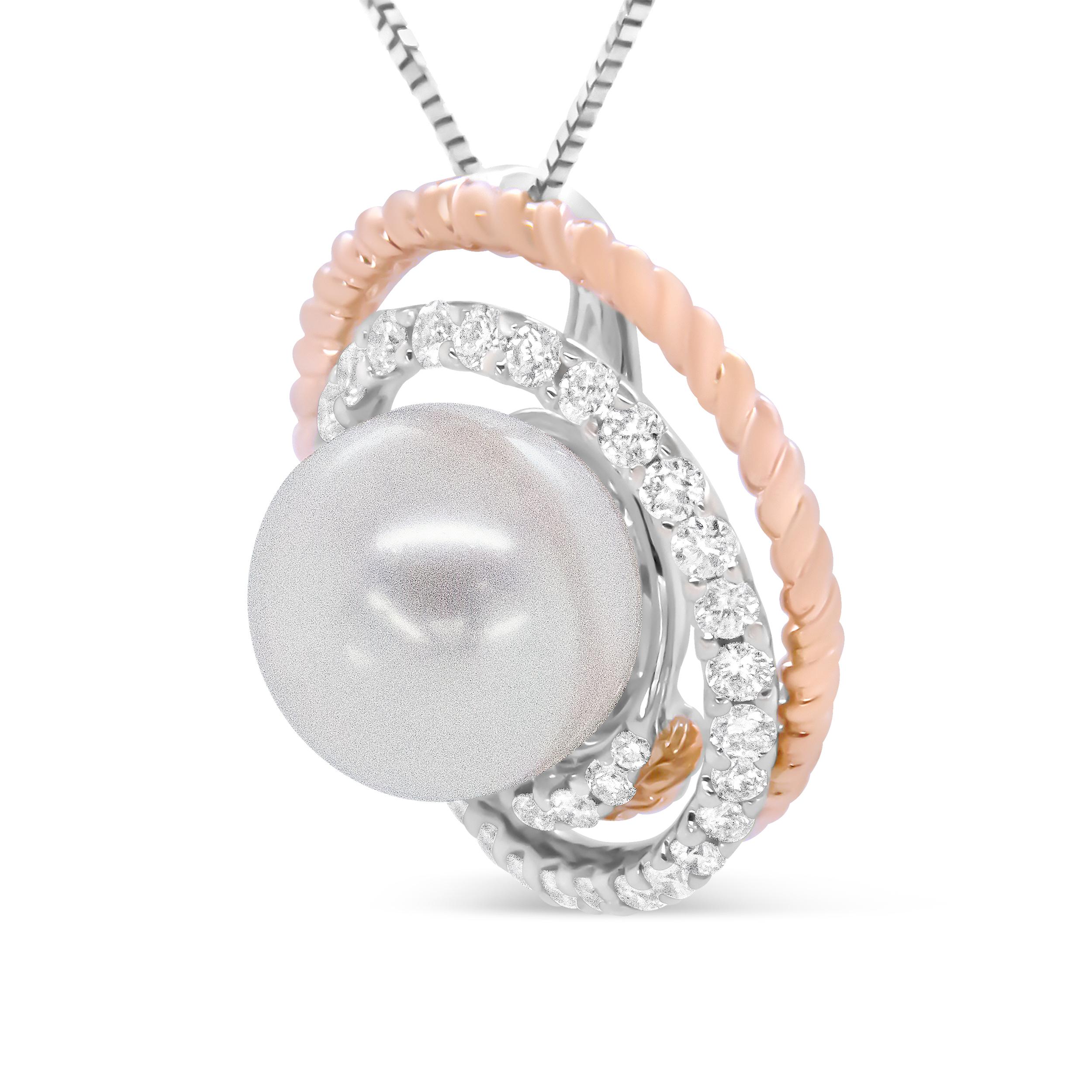 Collar Colgante Calado de Diamantes y Perlas en Espiral de 3/8ct en Oro Rosa y Blanco de 14K Contemporáneo en venta