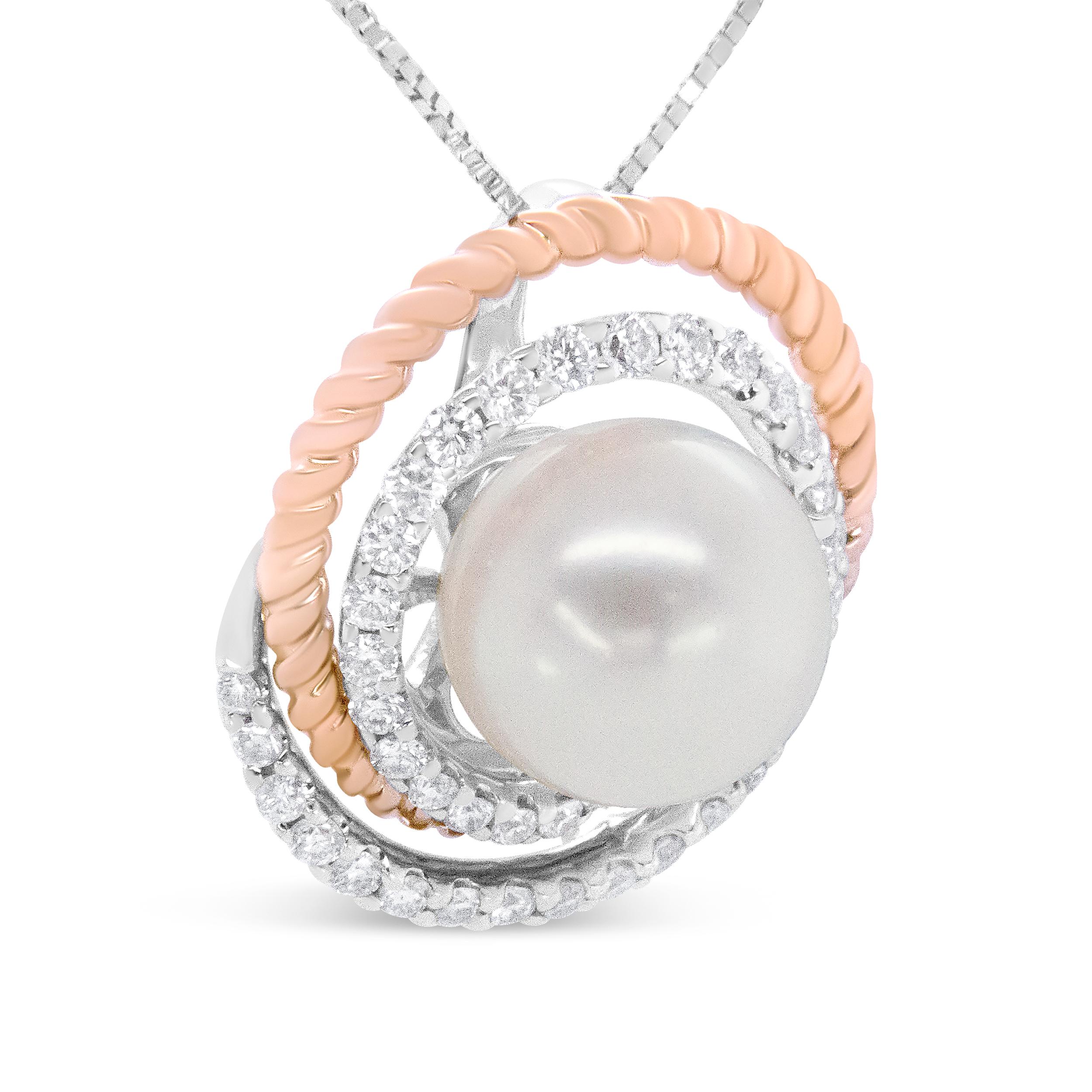 Collar Colgante Calado de Diamantes y Perlas en Espiral de 3/8ct en Oro Rosa y Blanco de 14K en Nuevo estado para la venta en New York, NY