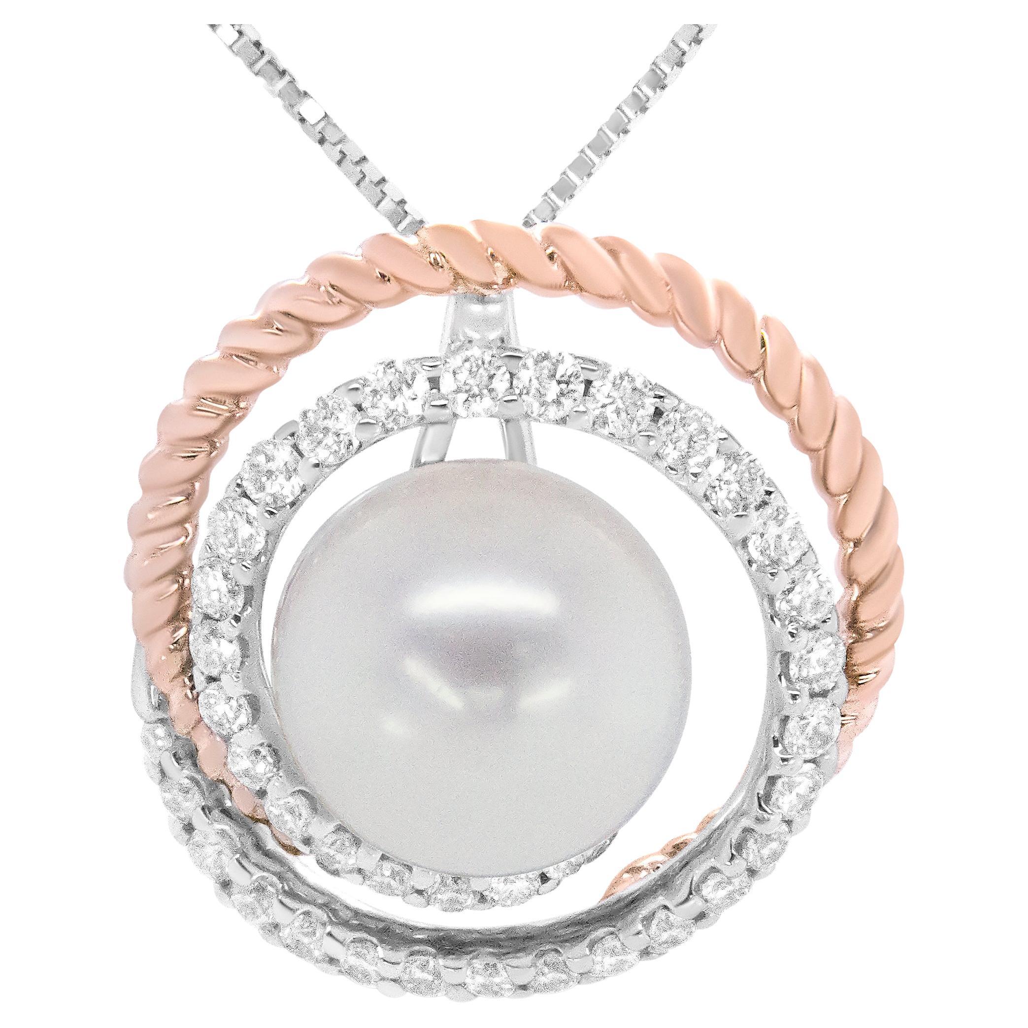 14K Rose and White Gold 3/8ct Diamond and Pearl Spiral Openwork Pendant Necklace