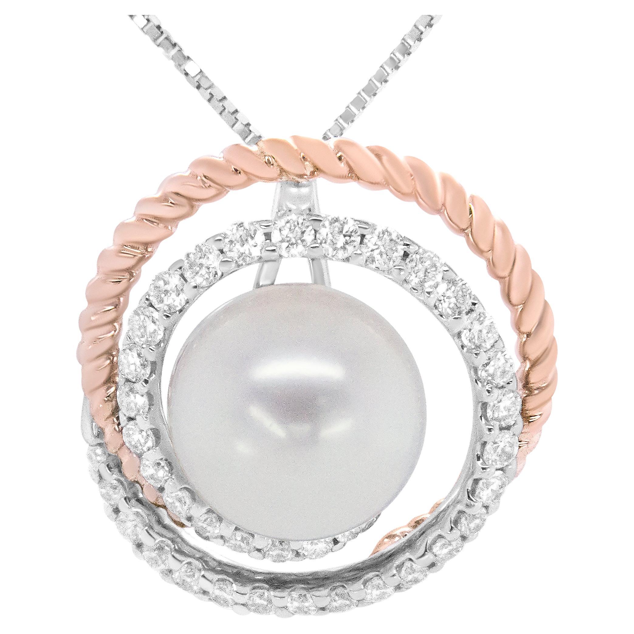 Collar Colgante Calado de Diamantes y Perlas en Espiral de 3/8ct en Oro Rosa y Blanco de 14K en venta