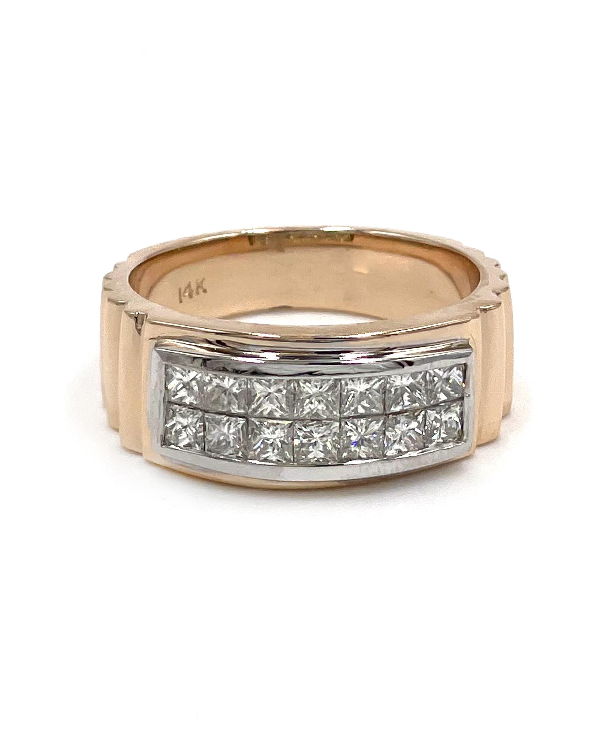 14K rose and white gold gents ring with 14 invisibly set princess cut diamonds 1.45 carats total weight. G color, VS clarity.

*Finger size: 10.5
*Width 9.4mm and tapers down to 6.7mm