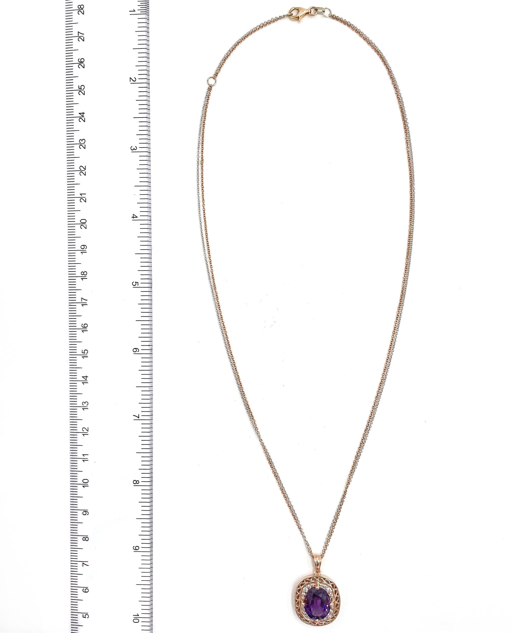 14K rose gold rectangular cushion shaped pendant with 20 round brilliant-cut diamonds 0.20 carats and one center oval shape amethyst 3.94 carats.  The pendant slides and a double strand 14K rose and white gold chain.

- Can be worn 18 or 16 inches
