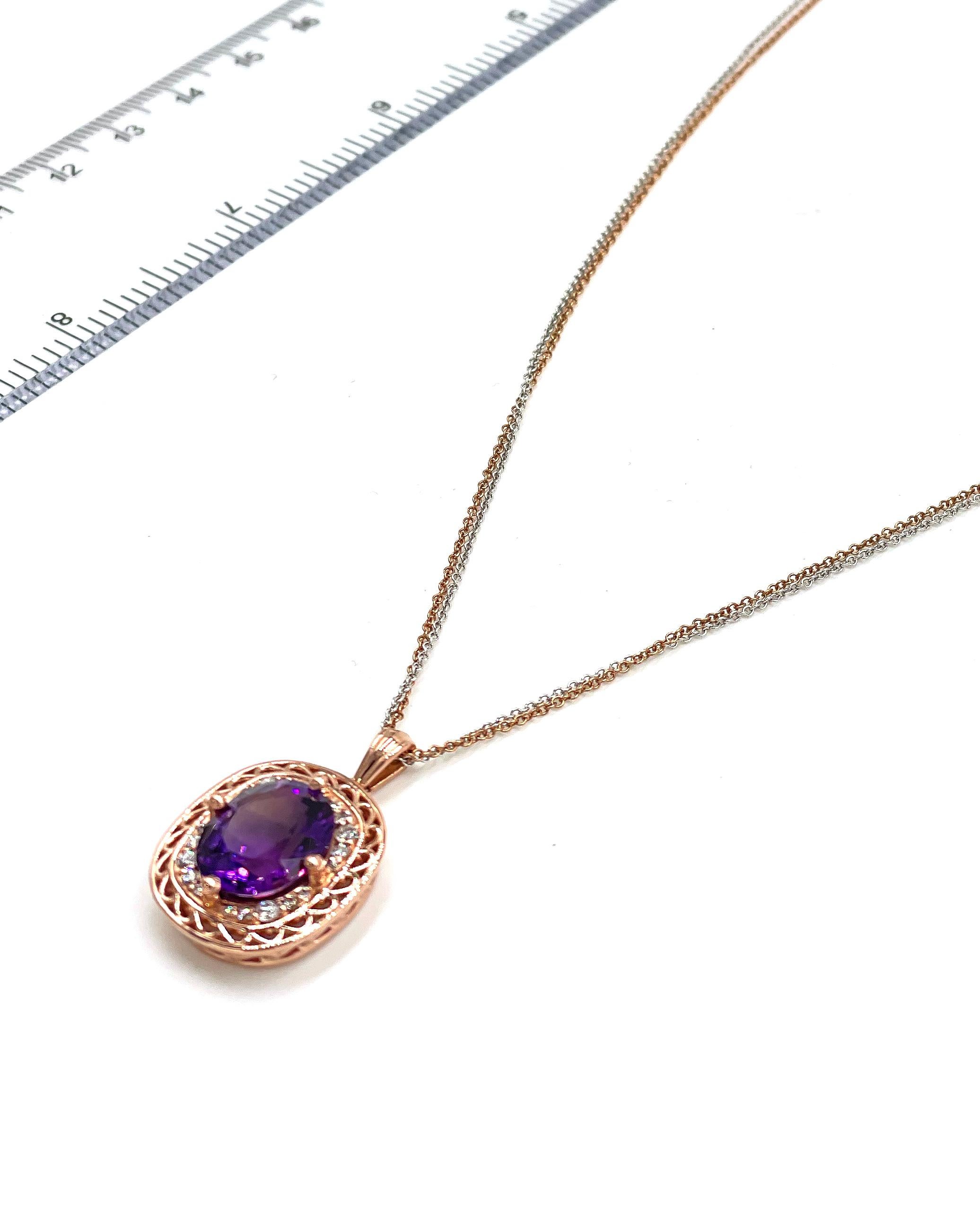 Contemporary 14k Rose and White Gold Pendant Necklace with Amethyst and Diamonds For Sale