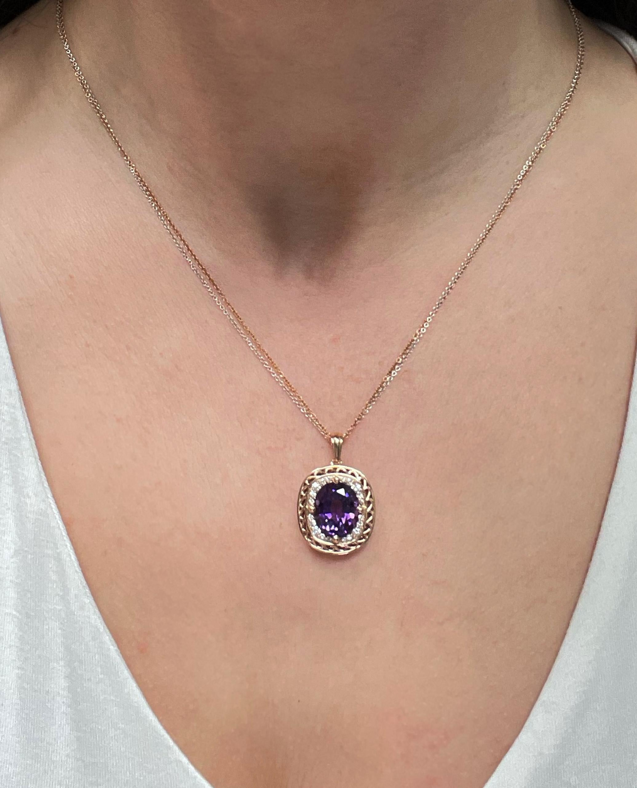 Oval Cut 14k Rose and White Gold Pendant Necklace with Amethyst and Diamonds For Sale