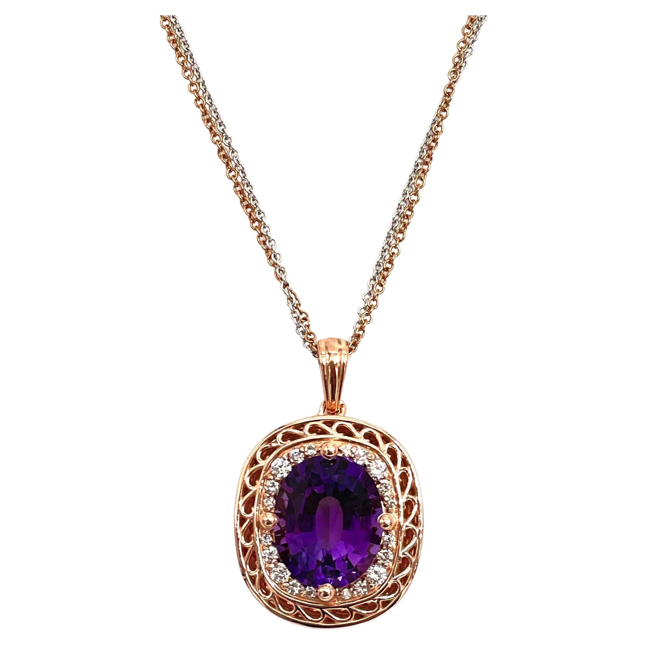 14k Rose and White Gold Pendant Necklace with Amethyst and Diamonds For Sale