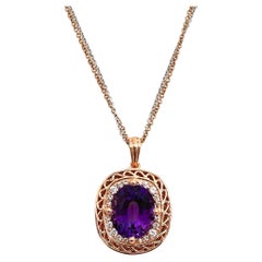 Oval Amethyst Pendant Necklace in 14k Rose and White Gold with Diamonds