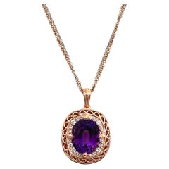 14 Karat Roségold Halskette mit Anhänger mit Amethyst und Diamanten