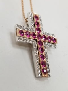14 Karat Rose and White Gold Ruby and Diamond Cross