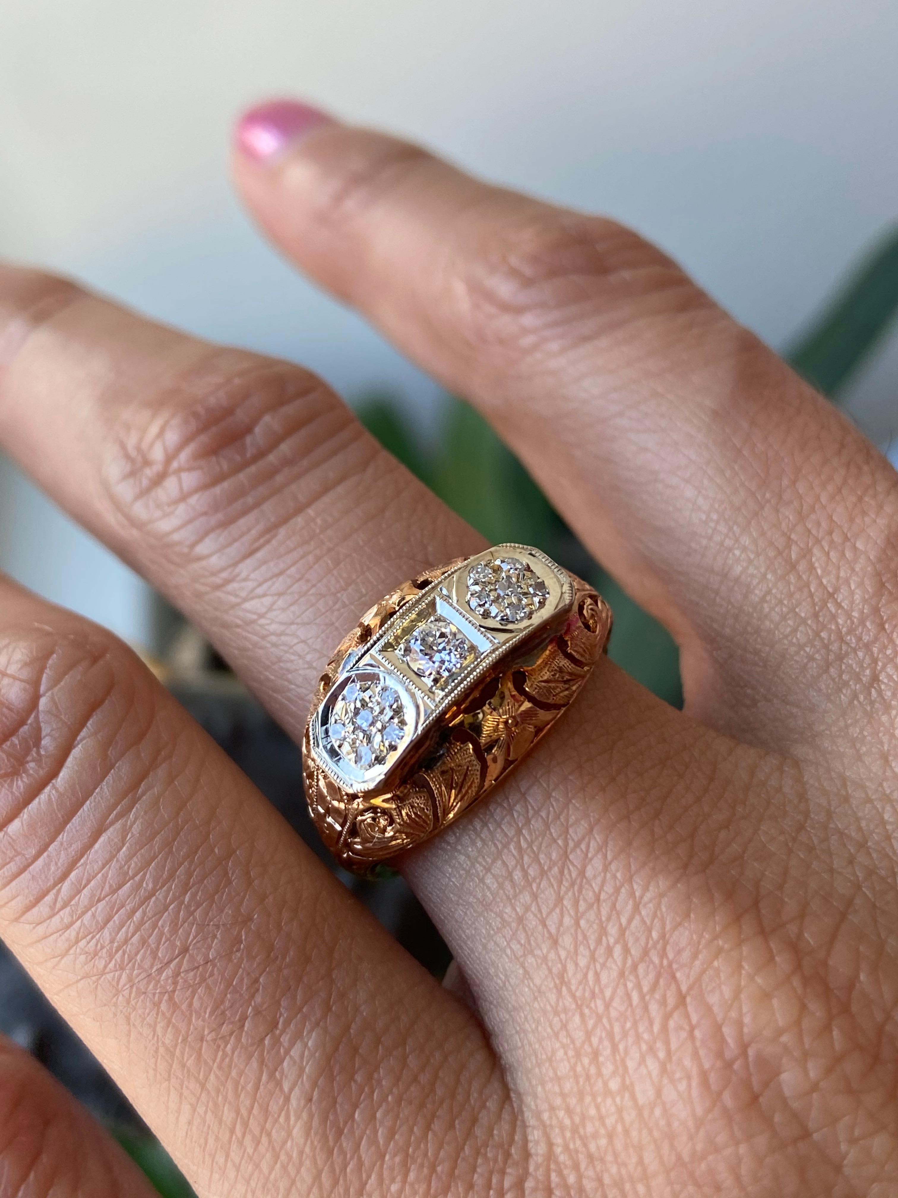 14k Roségold Vintage Diamantring aus Weißgold, Diamantring mit Nachlass, antiker Diamo im Zustand „Hervorragend“ in Houston, TX