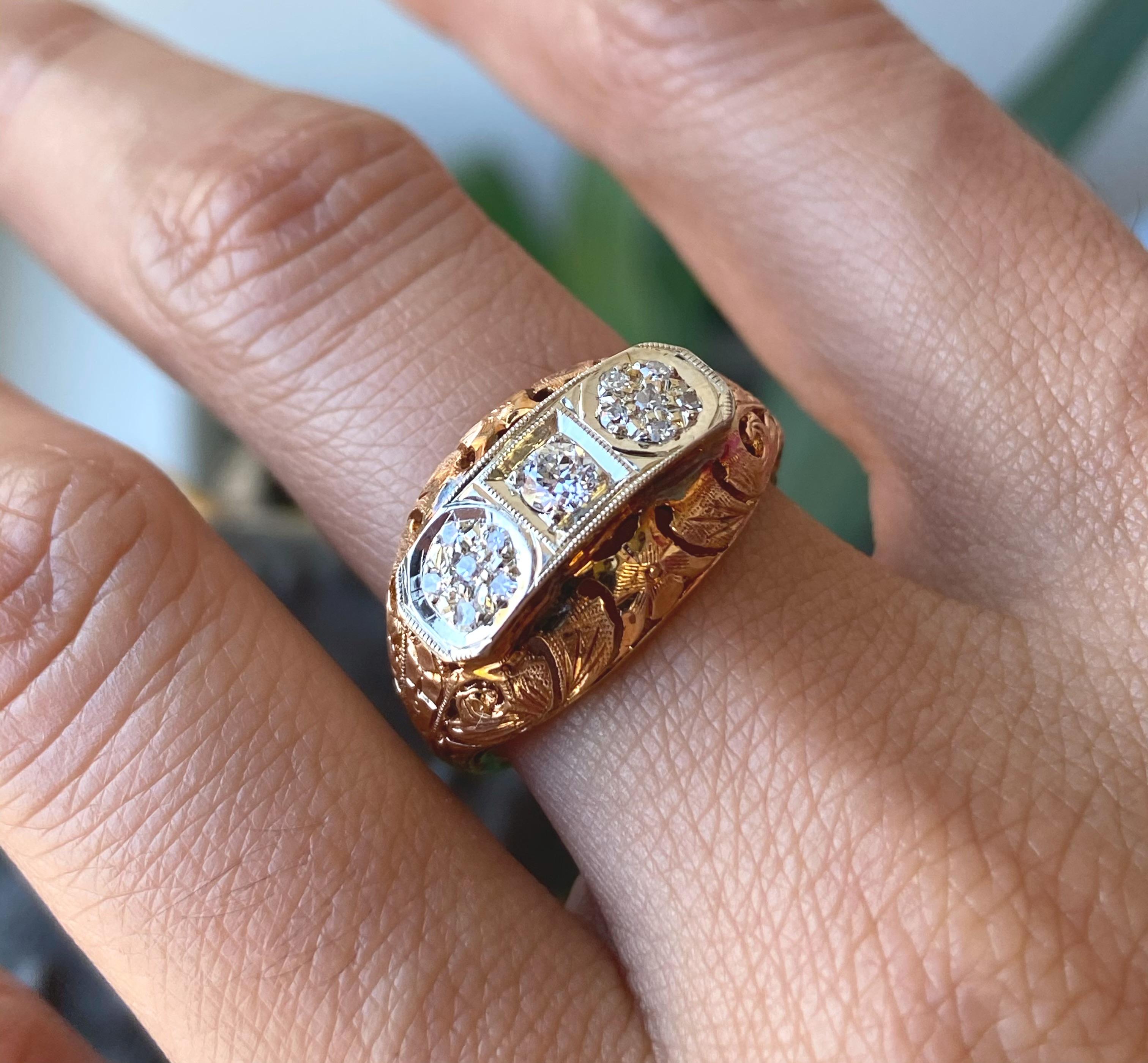 Women's 14k Rose And White Gold Vintage Diamond Ring, Estate Diamond Ring, Antique Diamo For Sale