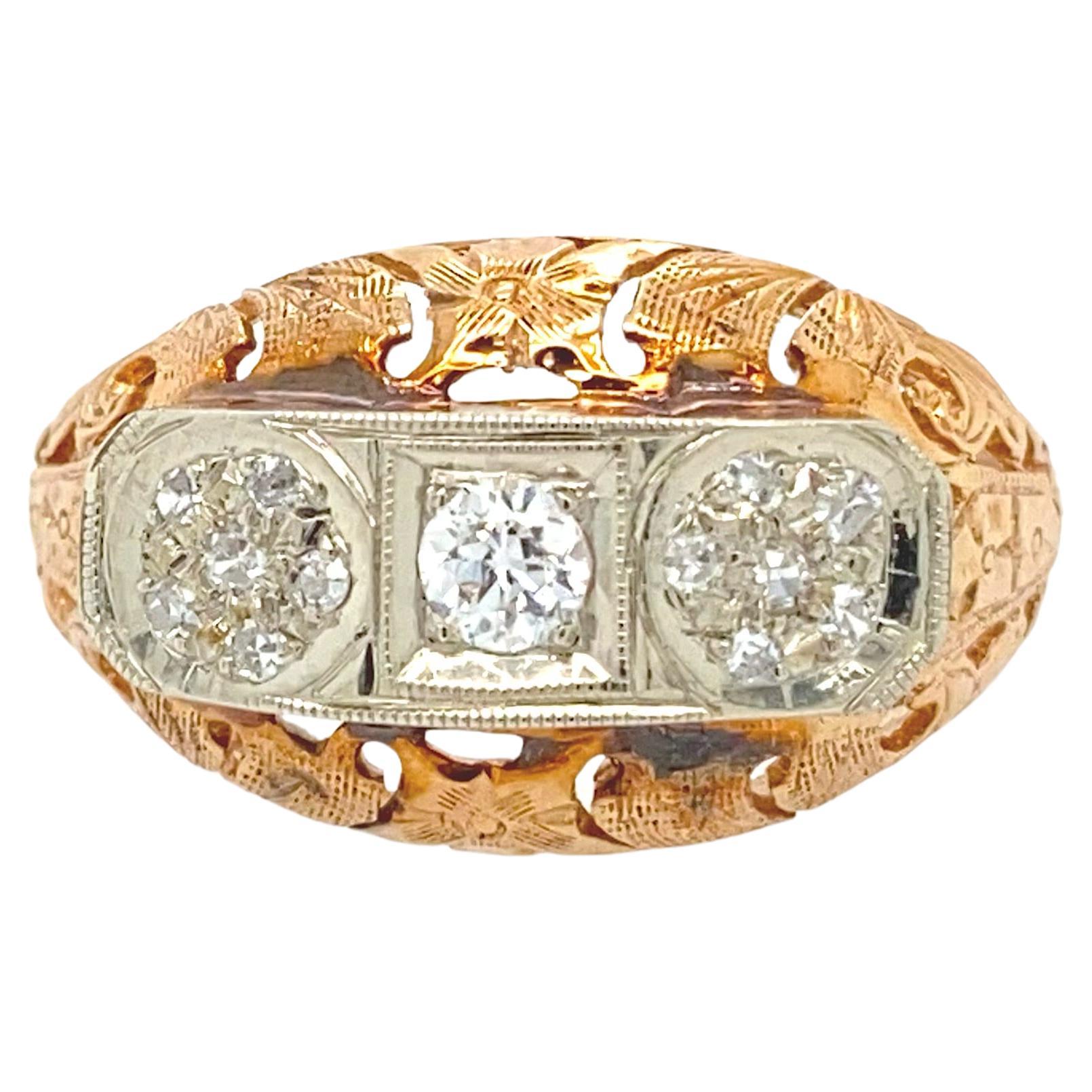 14k Roségold Vintage Diamantring aus Weißgold, Diamantring mit Nachlass, antiker Diamo