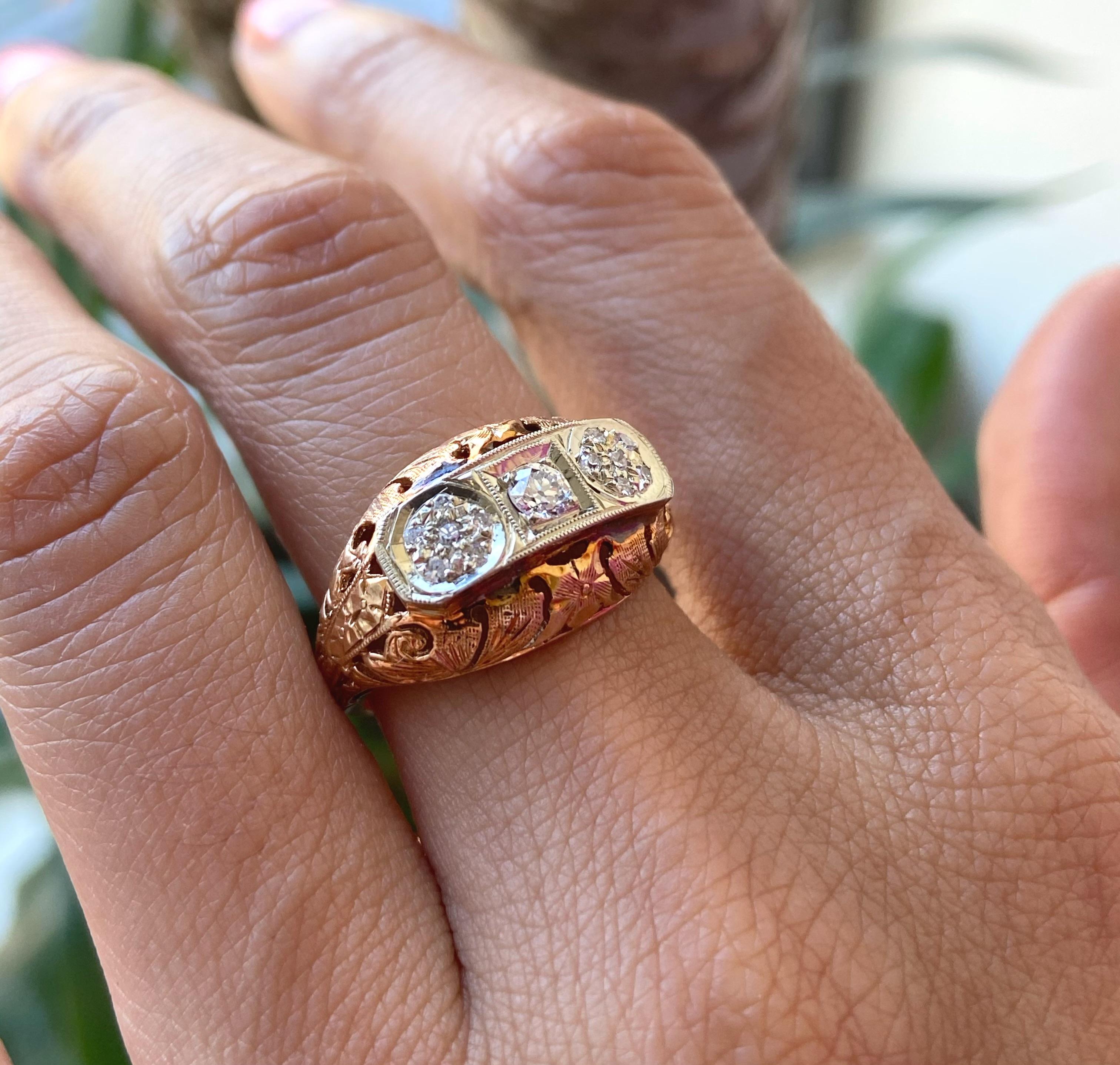 Women's 14k Rose And White Gold Vintage Estate Diamond Ring For Sale