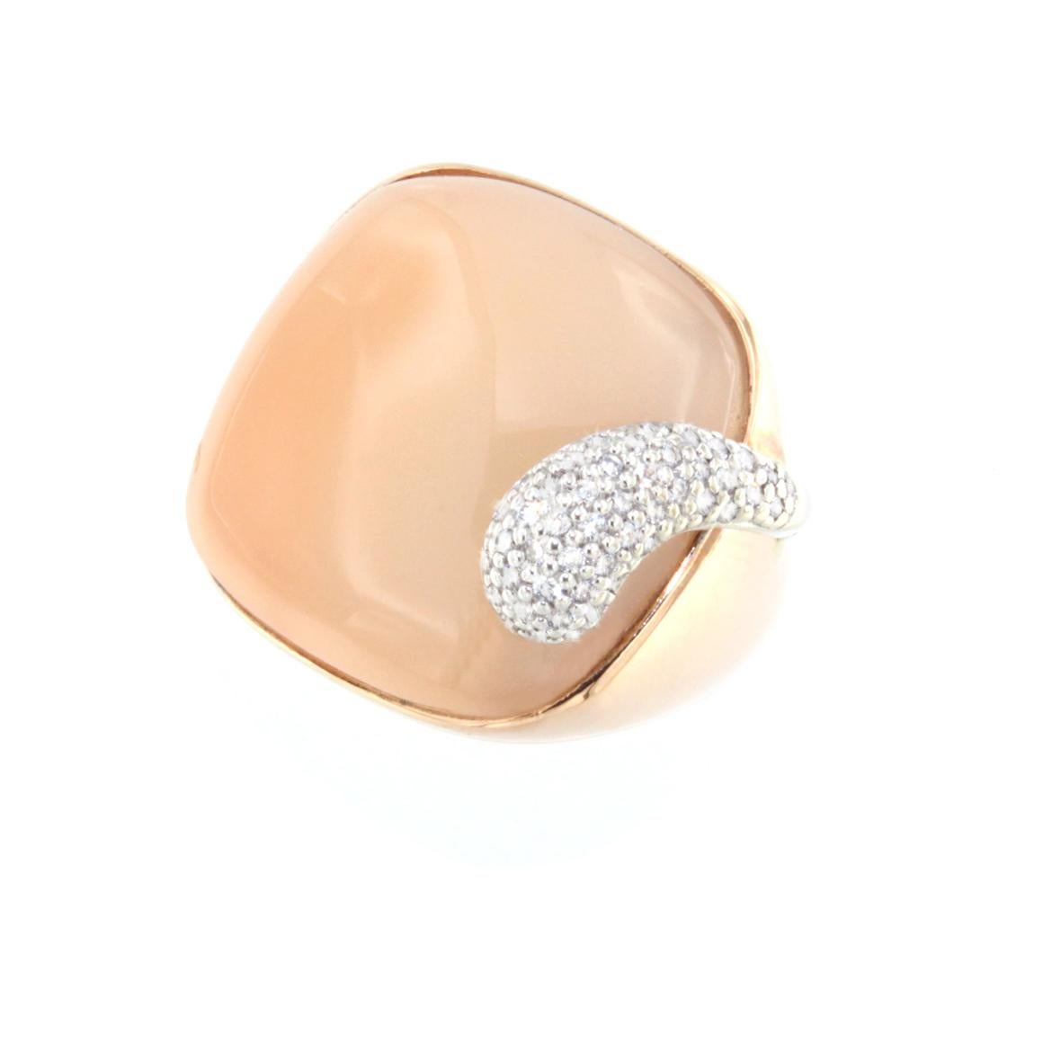 Cabochon 14 Karat Rose and White Gold with Moonstone and White Diamonds Ring