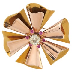 14K Rose and Yellow Gold 3.0ct Yellow Sapphire and Ruby Brooch
