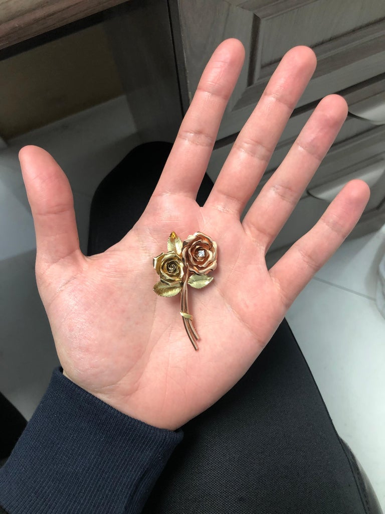 14 Karat Rose and Yellow Gold Diamond Rose Brooch For Sale at 1stDibs