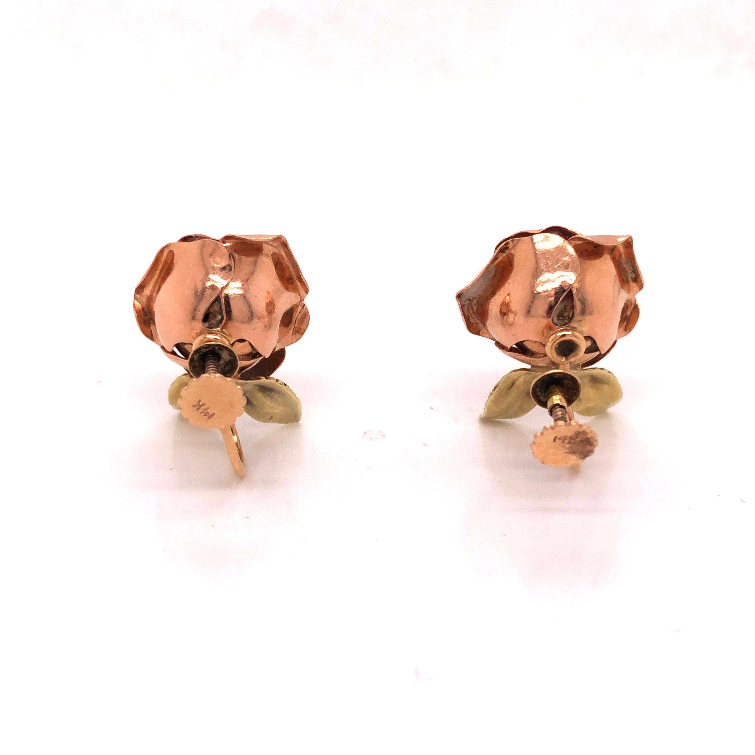 Round Cut 14 Karat Rose and Yellow Gold Diamond Rose Earrings For Sale