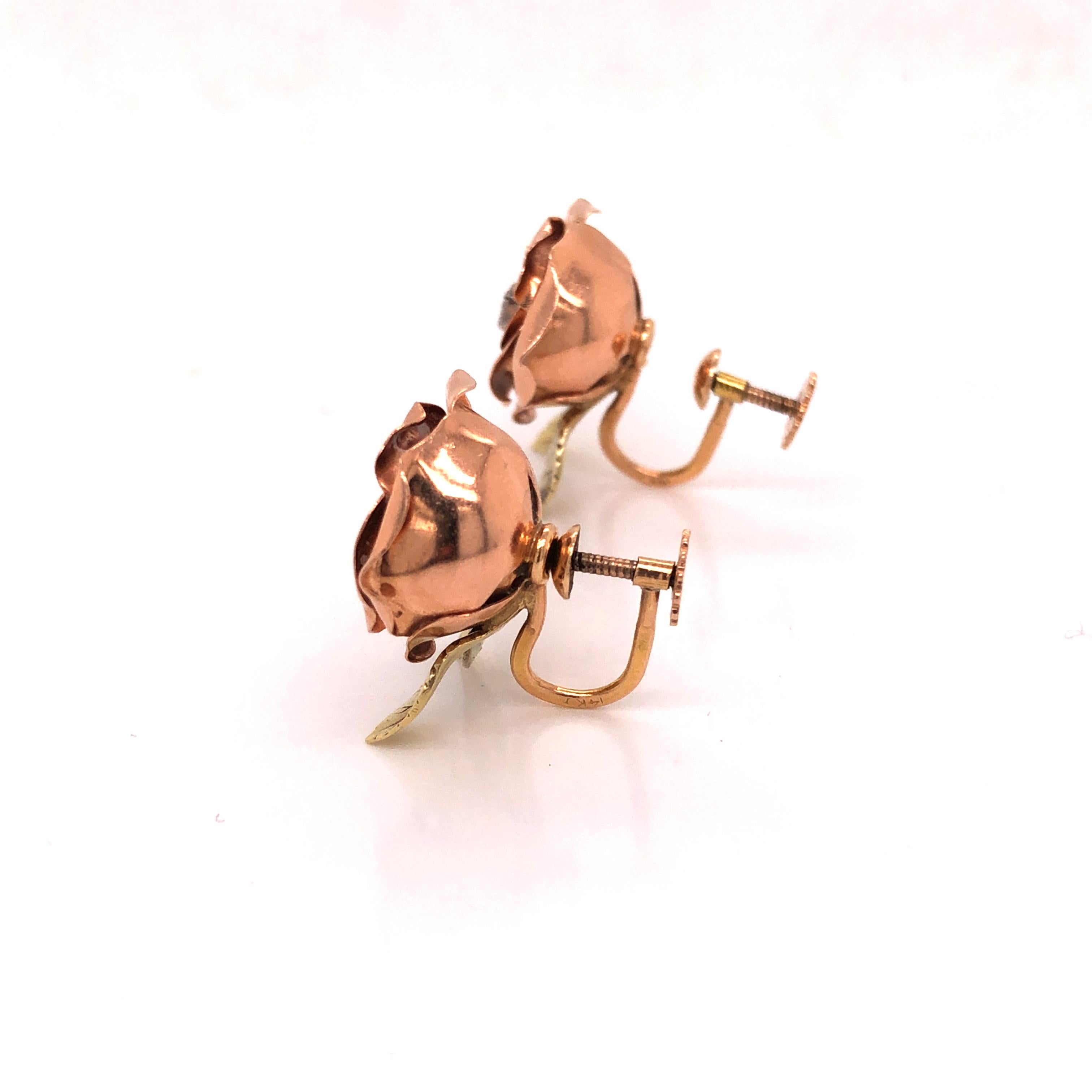 14 Karat Rose and Yellow Gold Diamond Rose Earrings In Good Condition For Sale In New York, NY