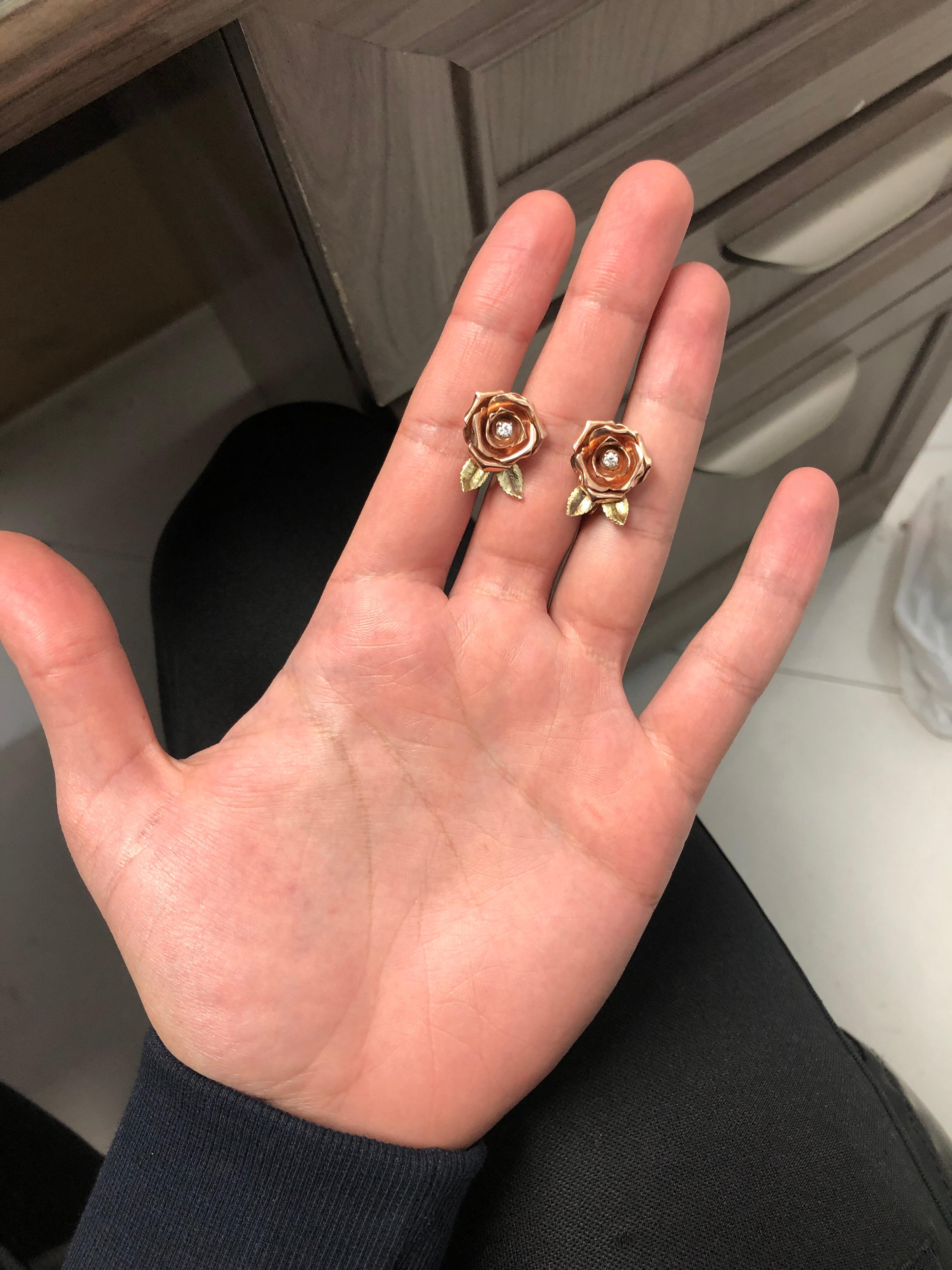 Women's 14 Karat Rose and Yellow Gold Diamond Rose Earrings For Sale