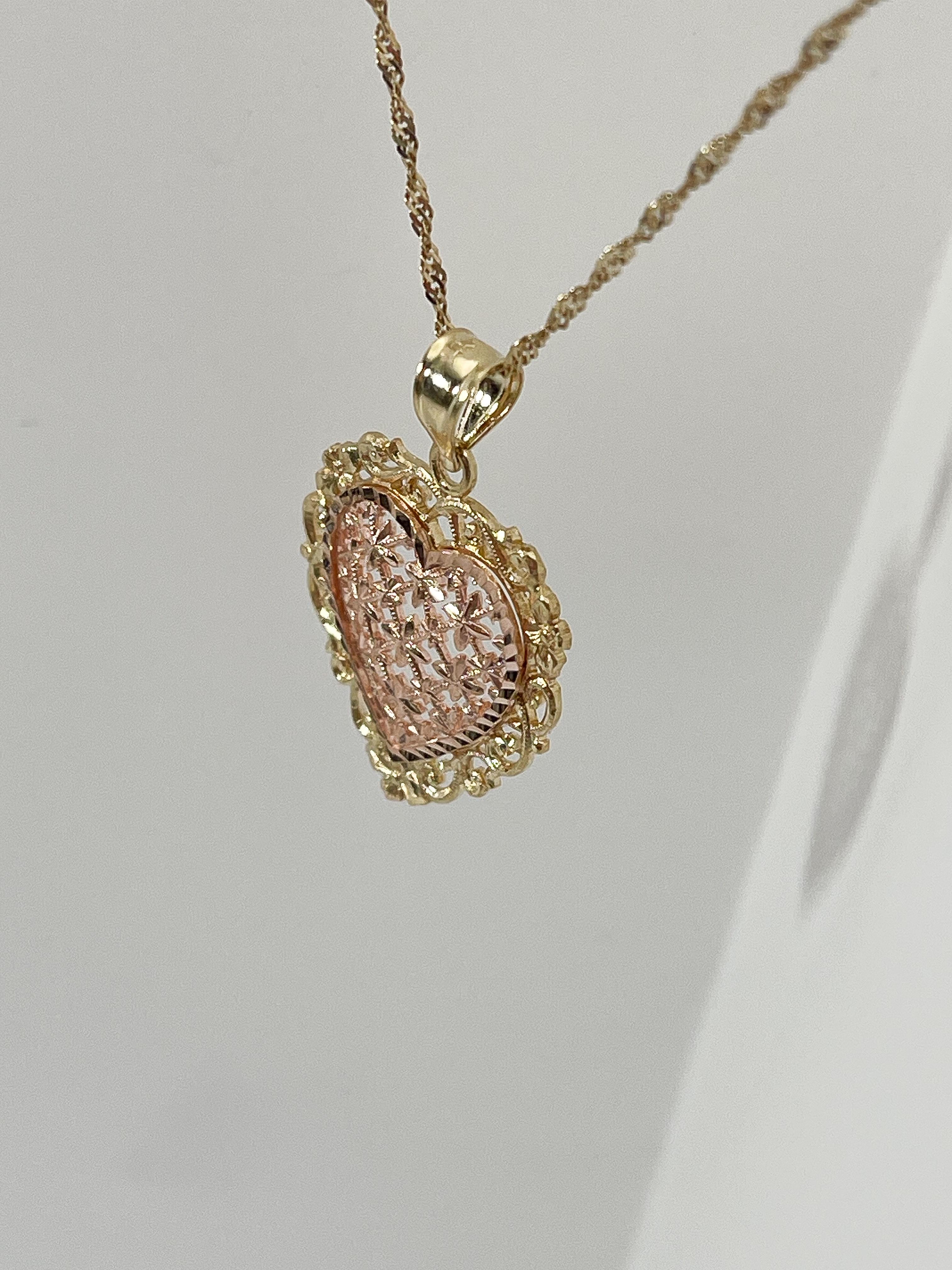 Women's 14K Rose and Yellow Gold Filigree Heart Pendant Necklace For Sale