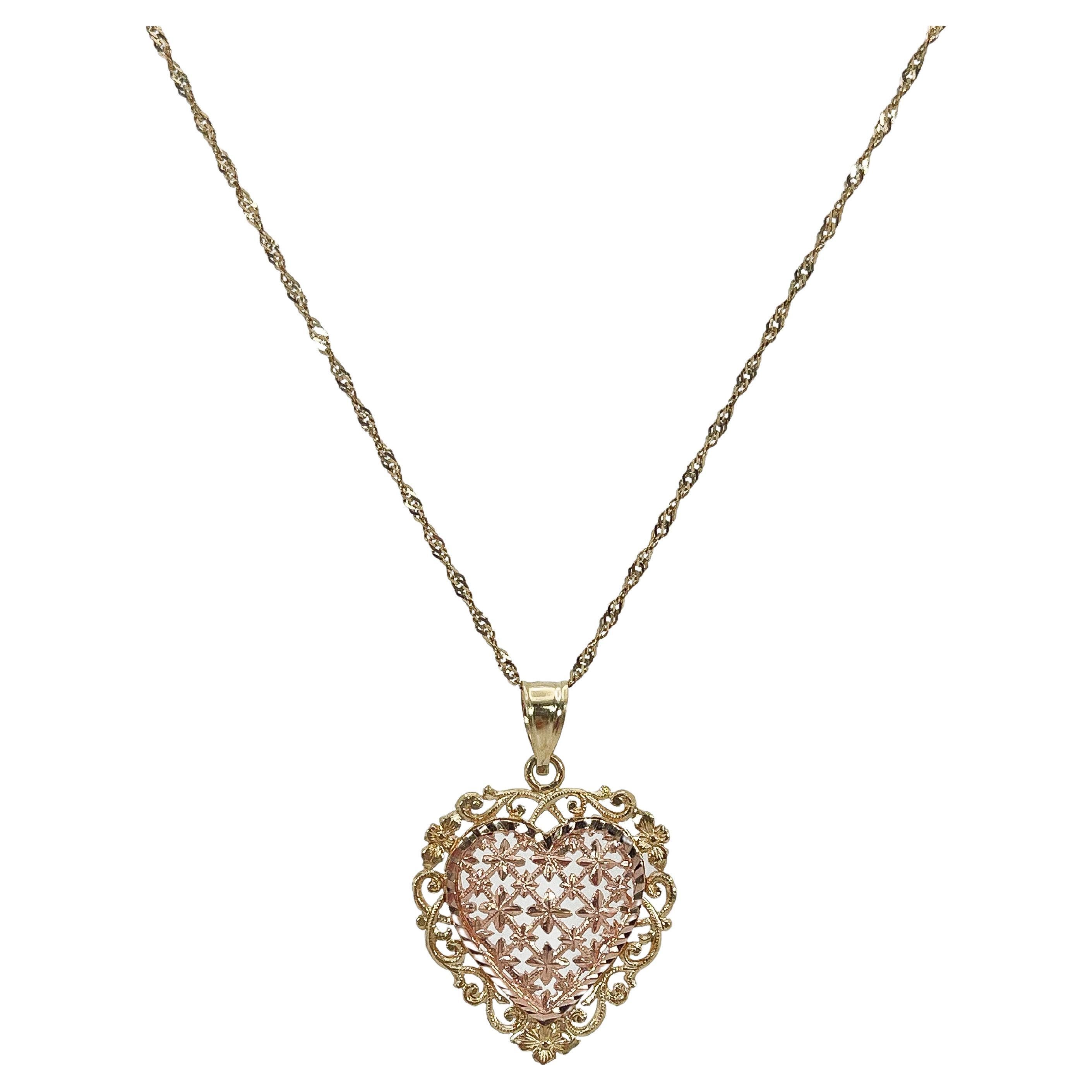 14K Rose and Yellow Gold Filigree Heart Pendant Necklace For Sale