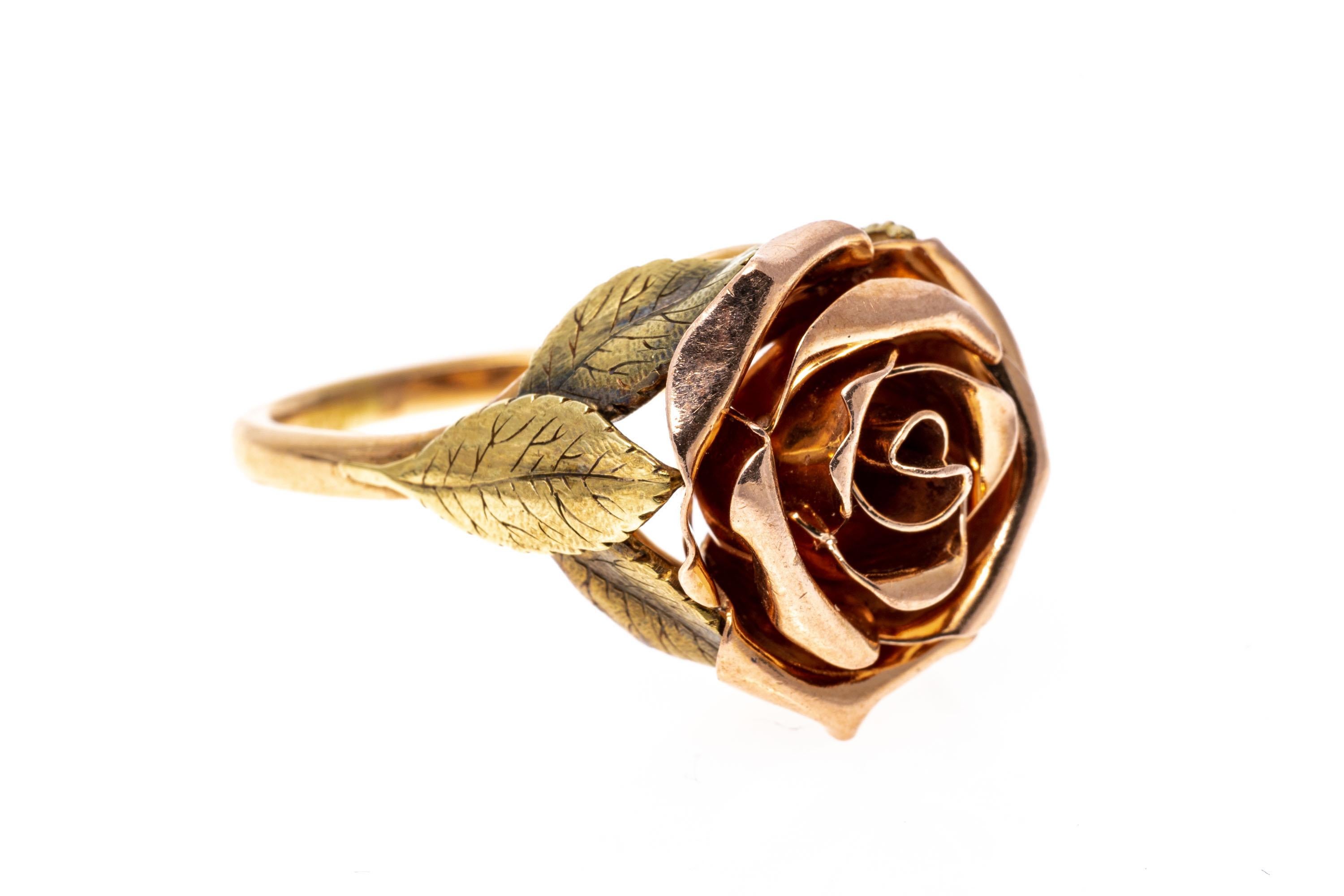 Romantic 14k Rose and Yellow Gold Open Rose Motif and Foliate Ring