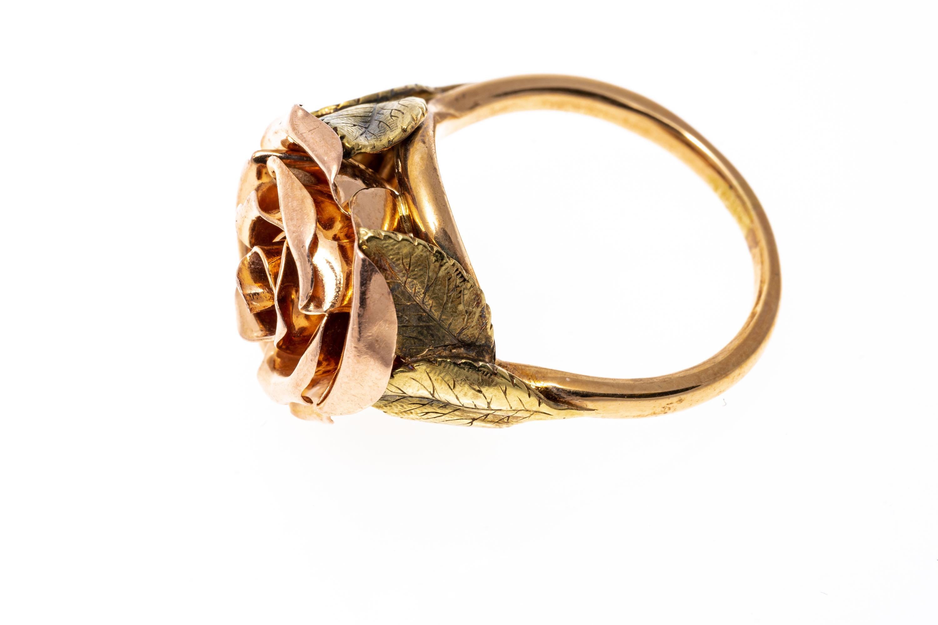 14k Roségold Ring mit offenem Rosenmotiv und Blattwerkmotiv und Ring aus Gelbgold Damen