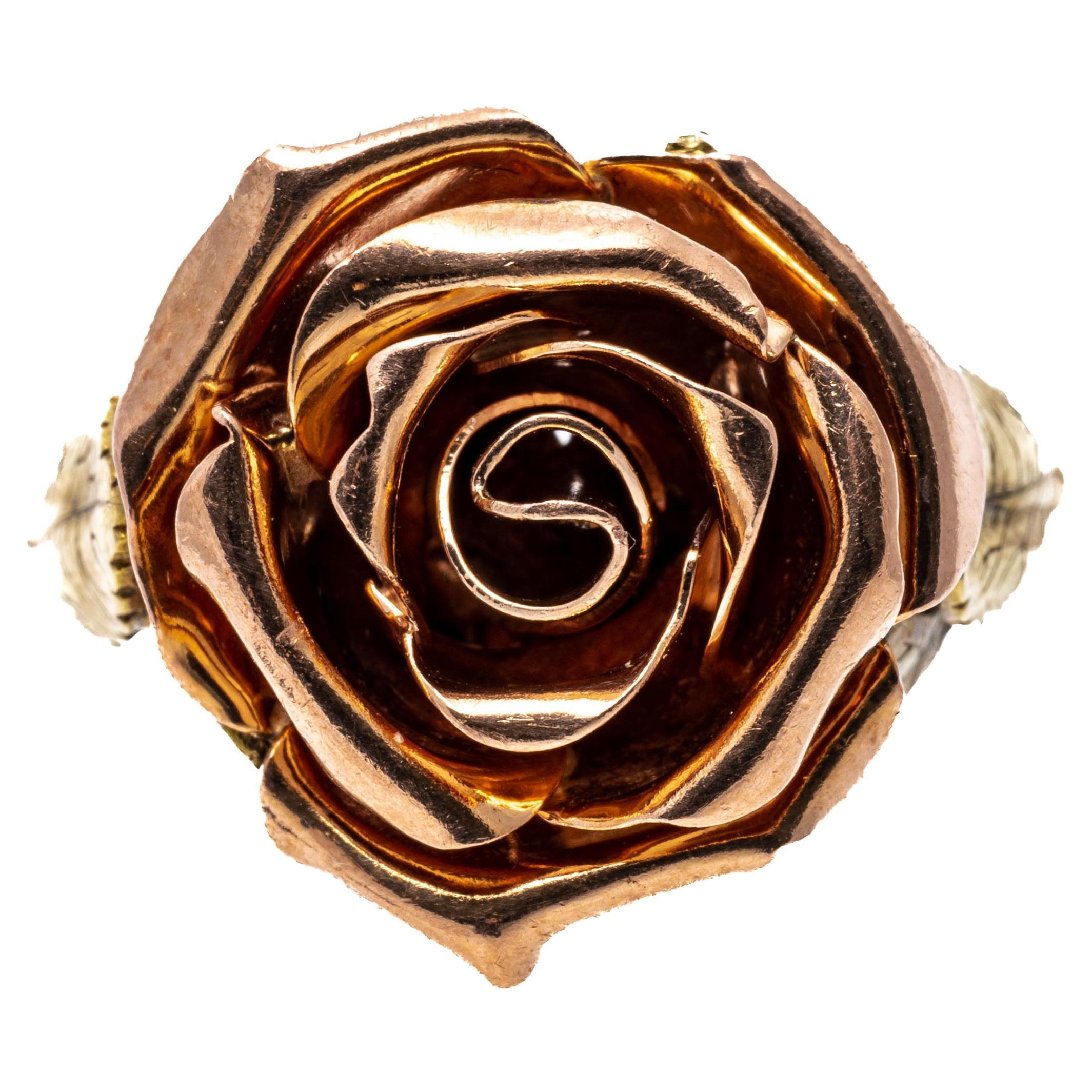 14k Rose and Yellow Gold Open Rose Motif and Foliate Ring