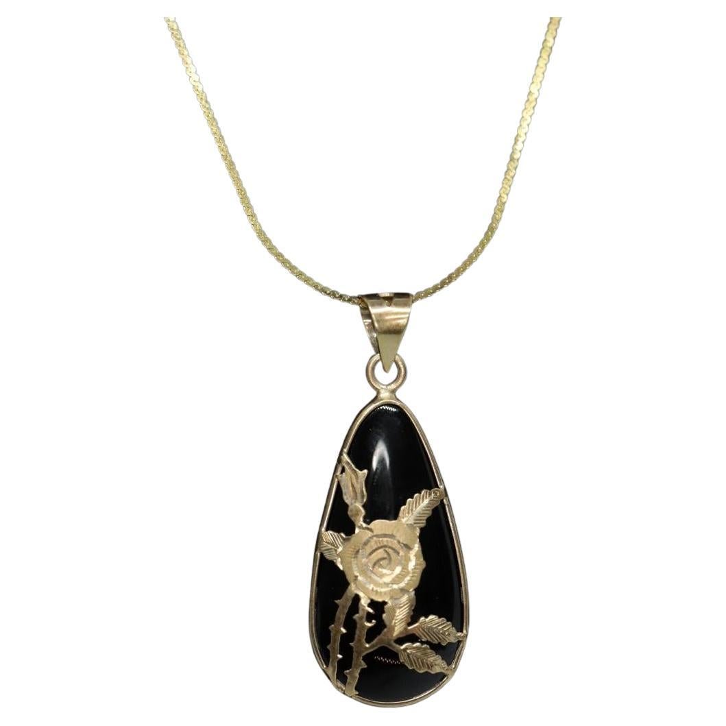 14k Rose Flower setting and a Smoky Quartz Pendant. Engraved and Stamped ROSE