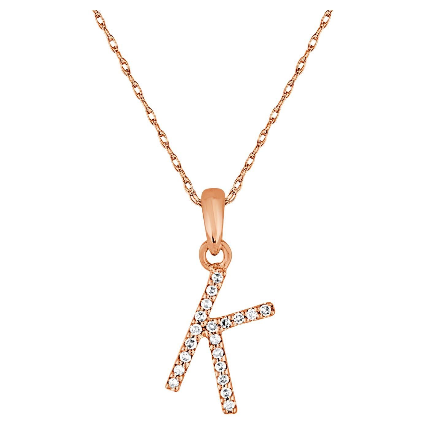 14k Rose Gold 0.06 Carat Diamond Initial Pendant Necklace, Initial K For Sale