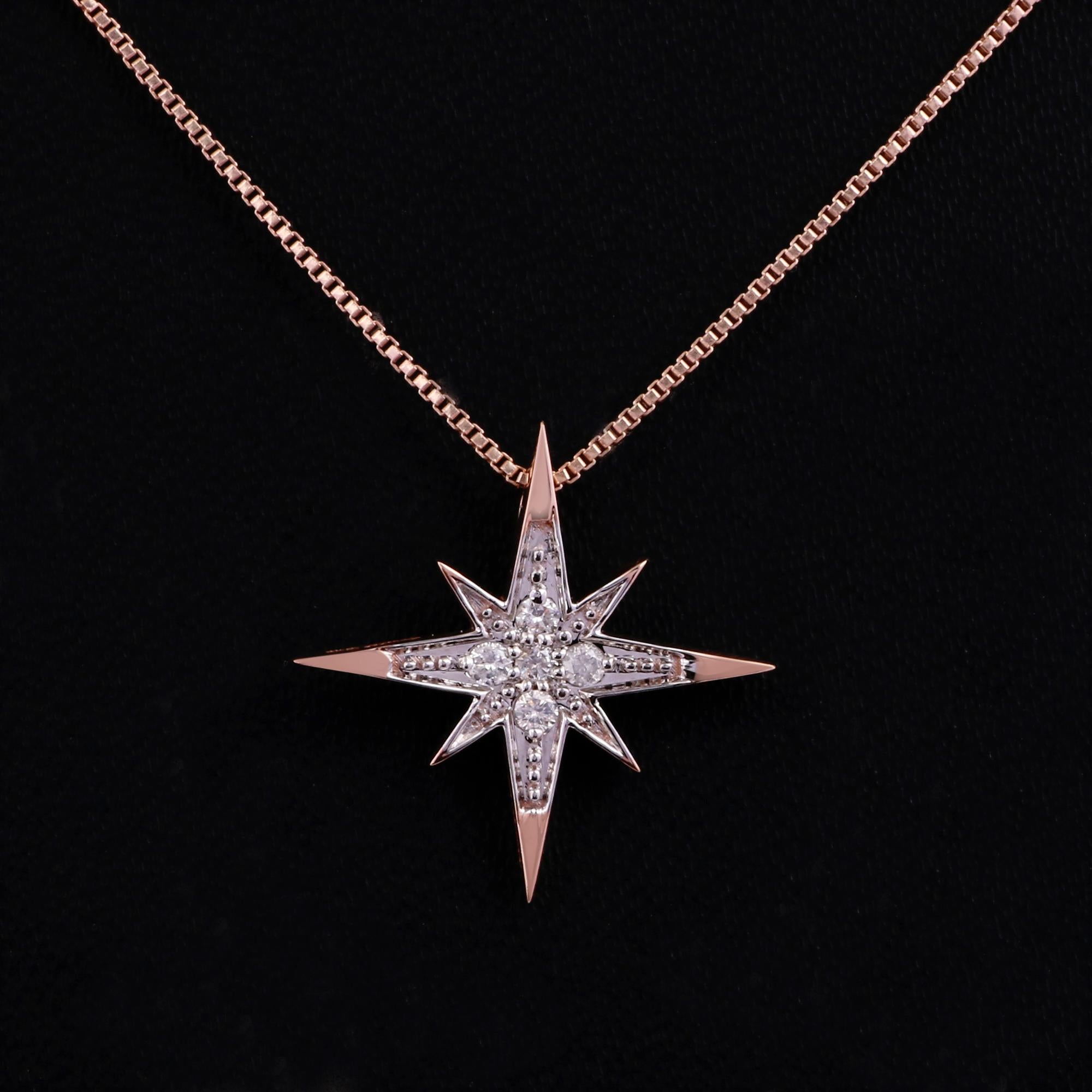 Brilliant Cut 14K Rose Gold 0.078 Ctw Natural Clear Diamond Star Dainty Charm Modern Pendant For Sale