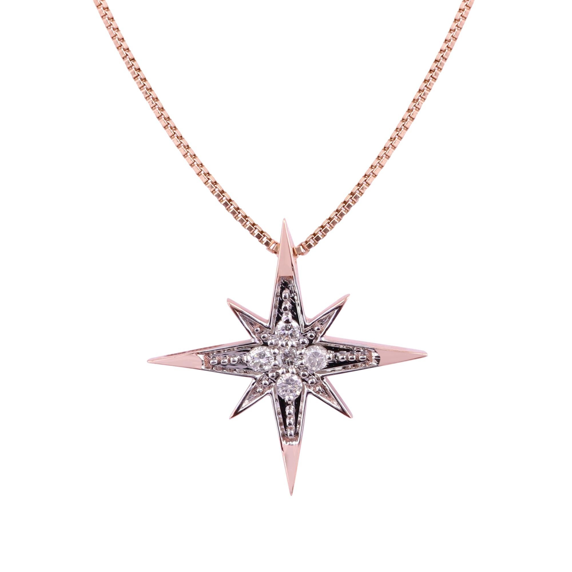 14K Rose Gold 0.078 Ctw Natural Clear Diamond Star Dainty Charm Modern Pendant