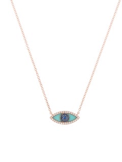 14K Rose Gold 0.08 Carat Diamond Sapphire & Turquoise Evil Eye Necklace
