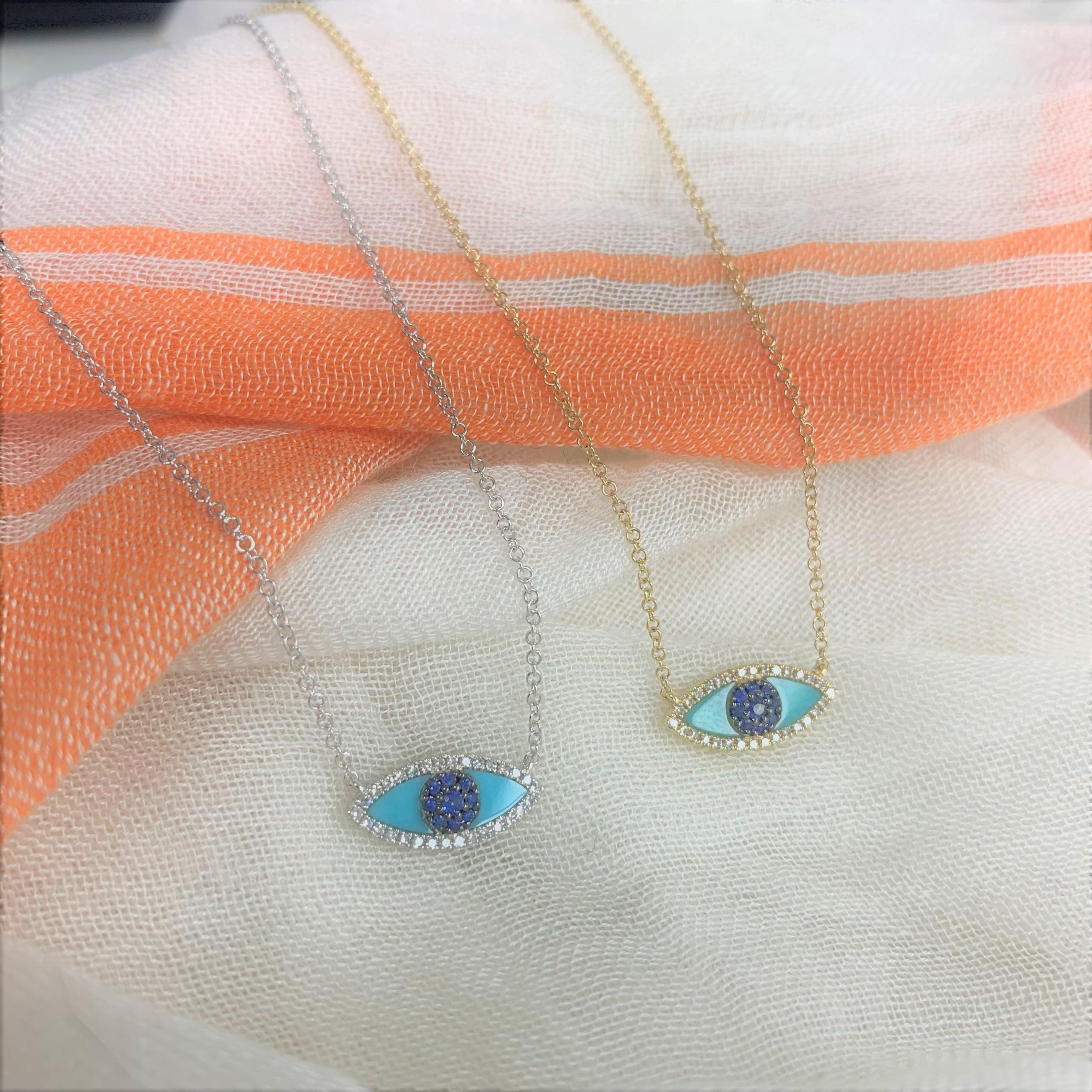 14K Rose Gold 0.08 Carat Diamond Sapphire & Turquoise Evil Eye Necklace In New Condition For Sale In Great neck, NY