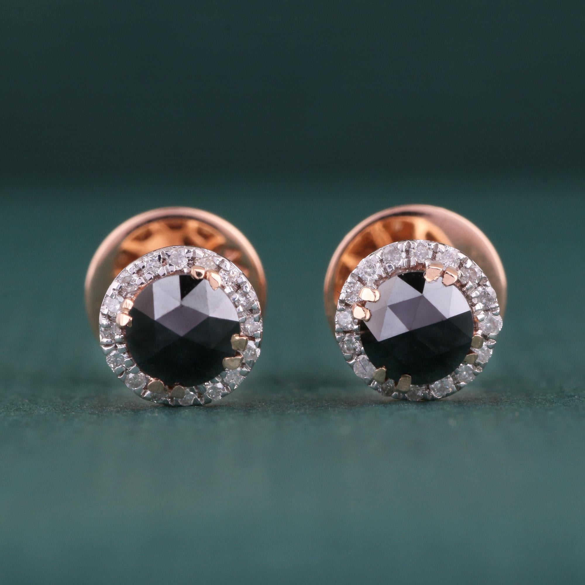 Modern 14K Rose Gold 0.080 Ctw Diamond, 0.550 Ctw Real Black Diamond Stud Earrings For Sale