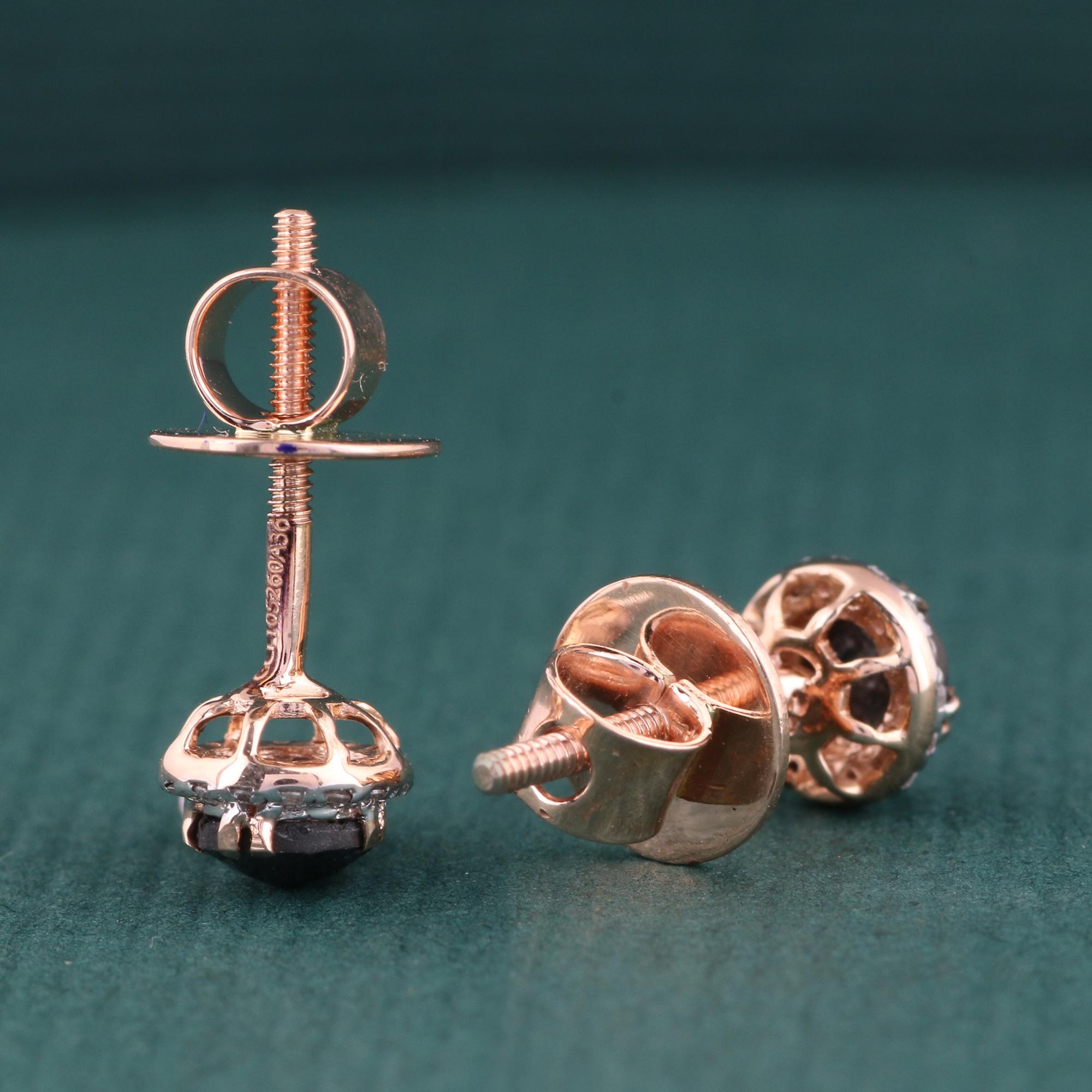 14K Rose Gold 0.080 Ctw Diamond, 0.550 Ctw Real Black Diamond Stud Earrings In New Condition For Sale In Jaipur, RJ