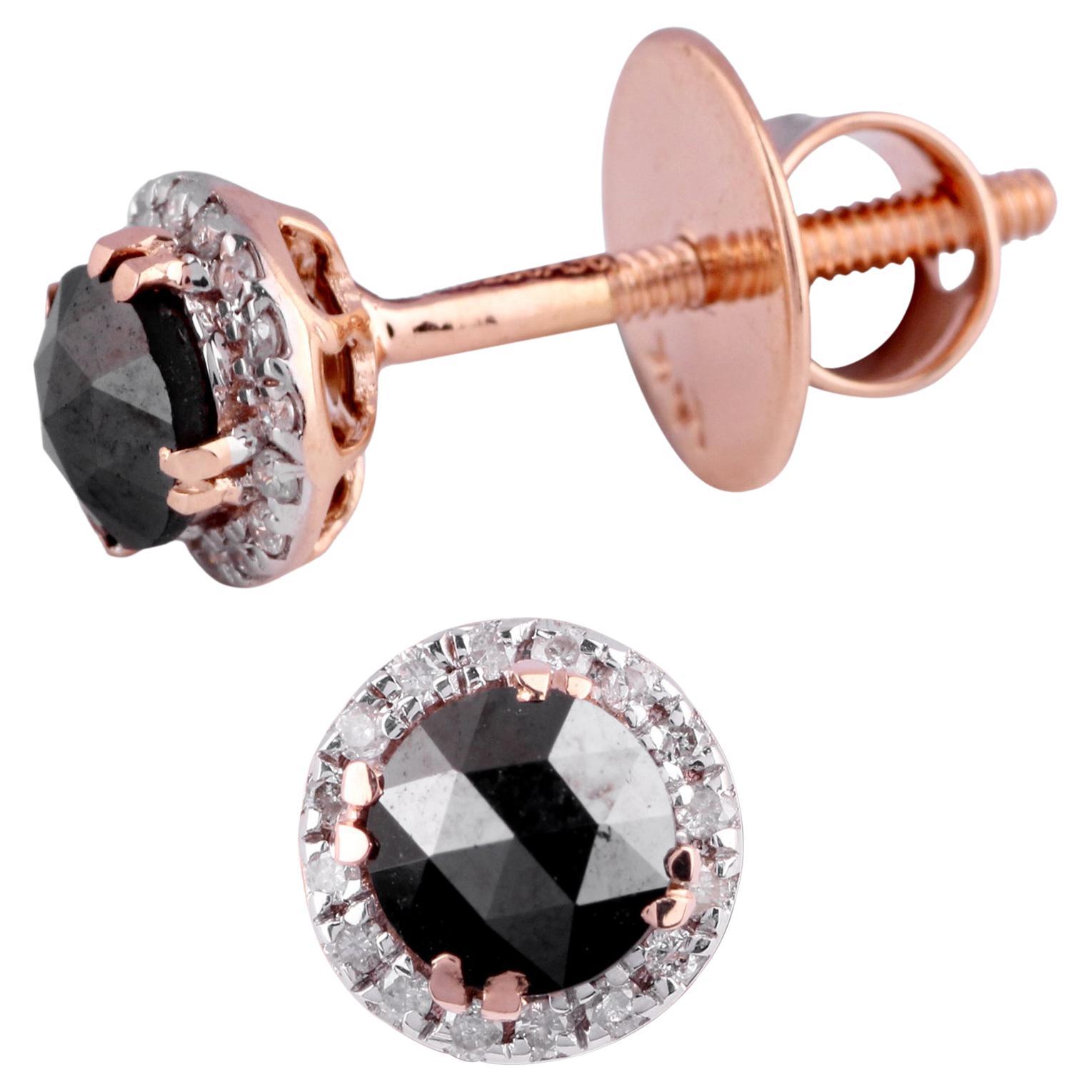 Clous d'oreilles en or rose 14 carats avec diamants 0,80 carat au total, 0,550 carat de diamants noirs véritables en vente