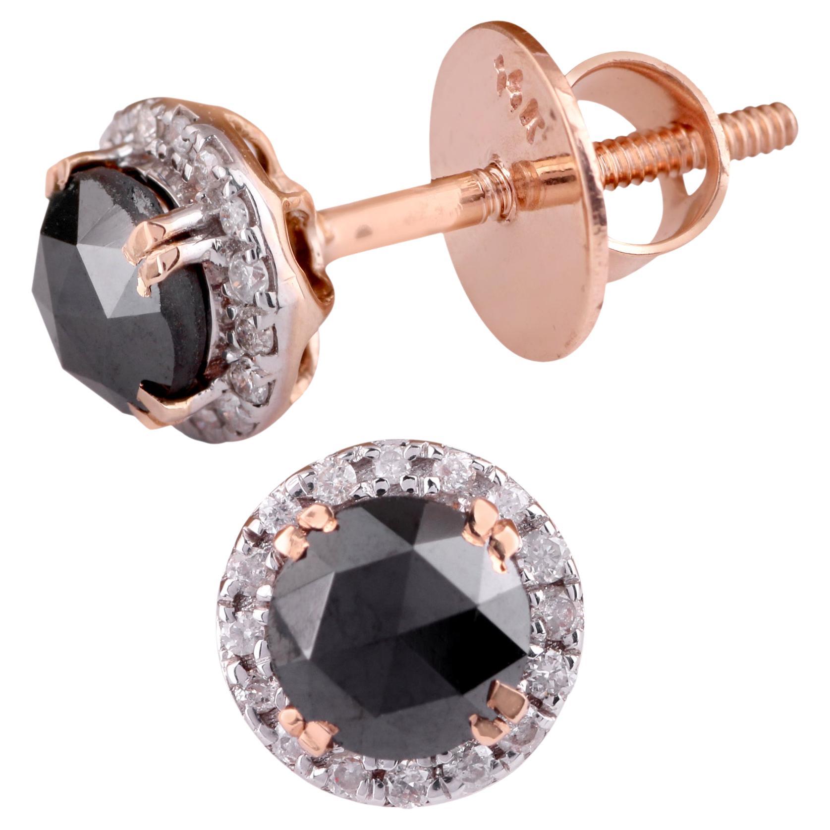 14K Rose Gold 0.106 Ctw Diamond, 0.917 Ctw Real Black Diamond Stud Earrings For Sale