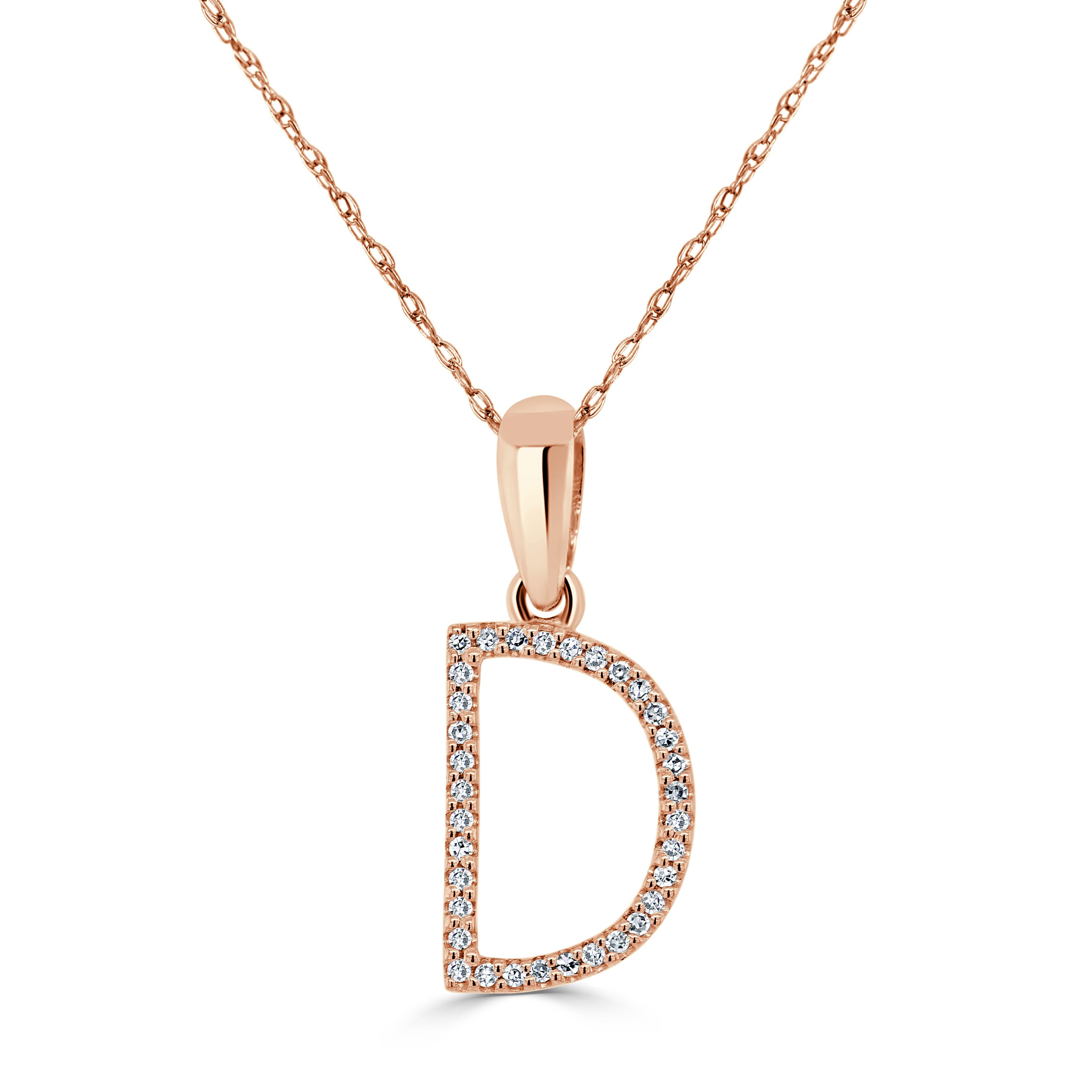 Baguette Cut 14K Rose Gold 0.10ct Diamond Initial D Pendant for Her For Sale