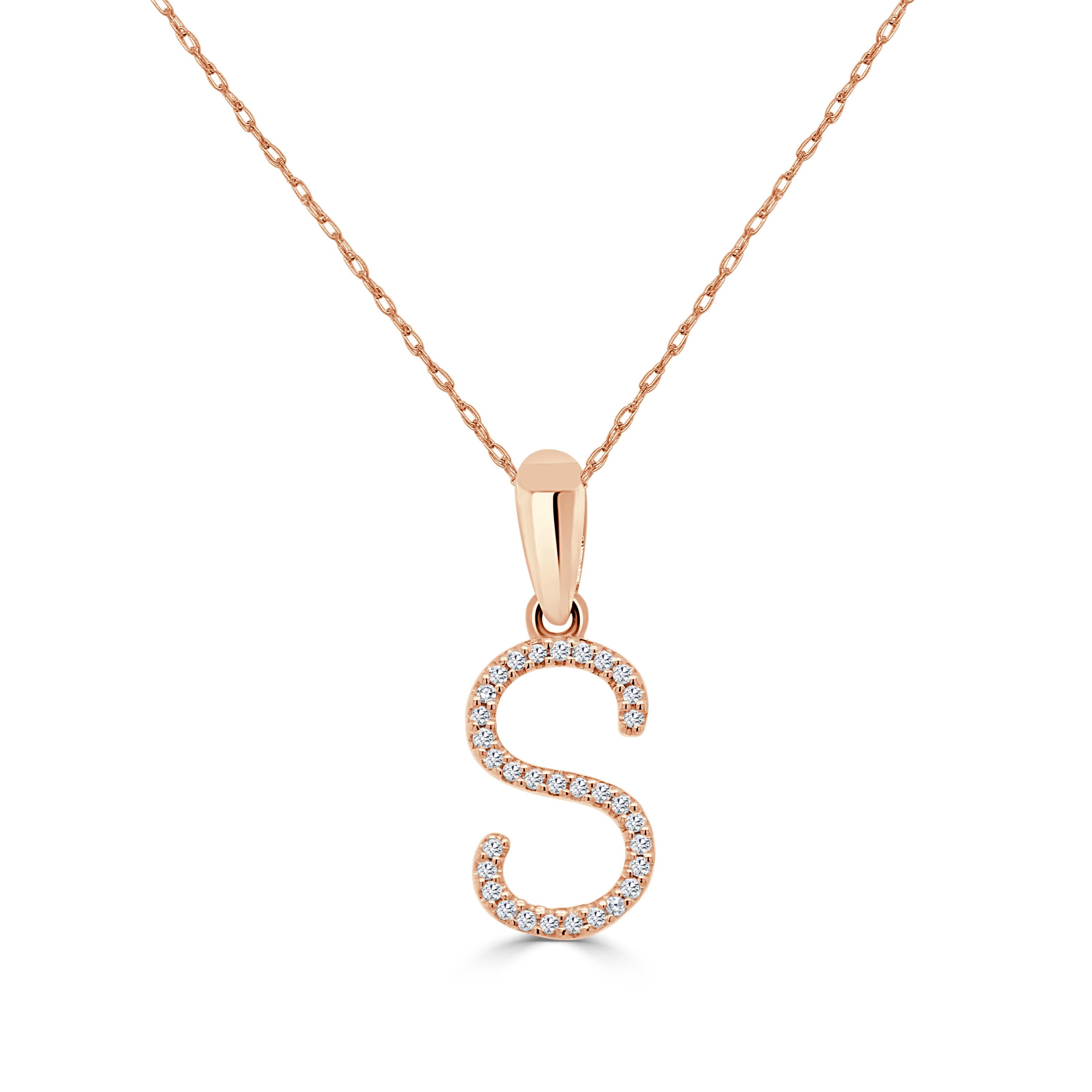 Baguette Cut 14K Rose Gold 0.10ct Diamond Initial S Pendant for Her For Sale