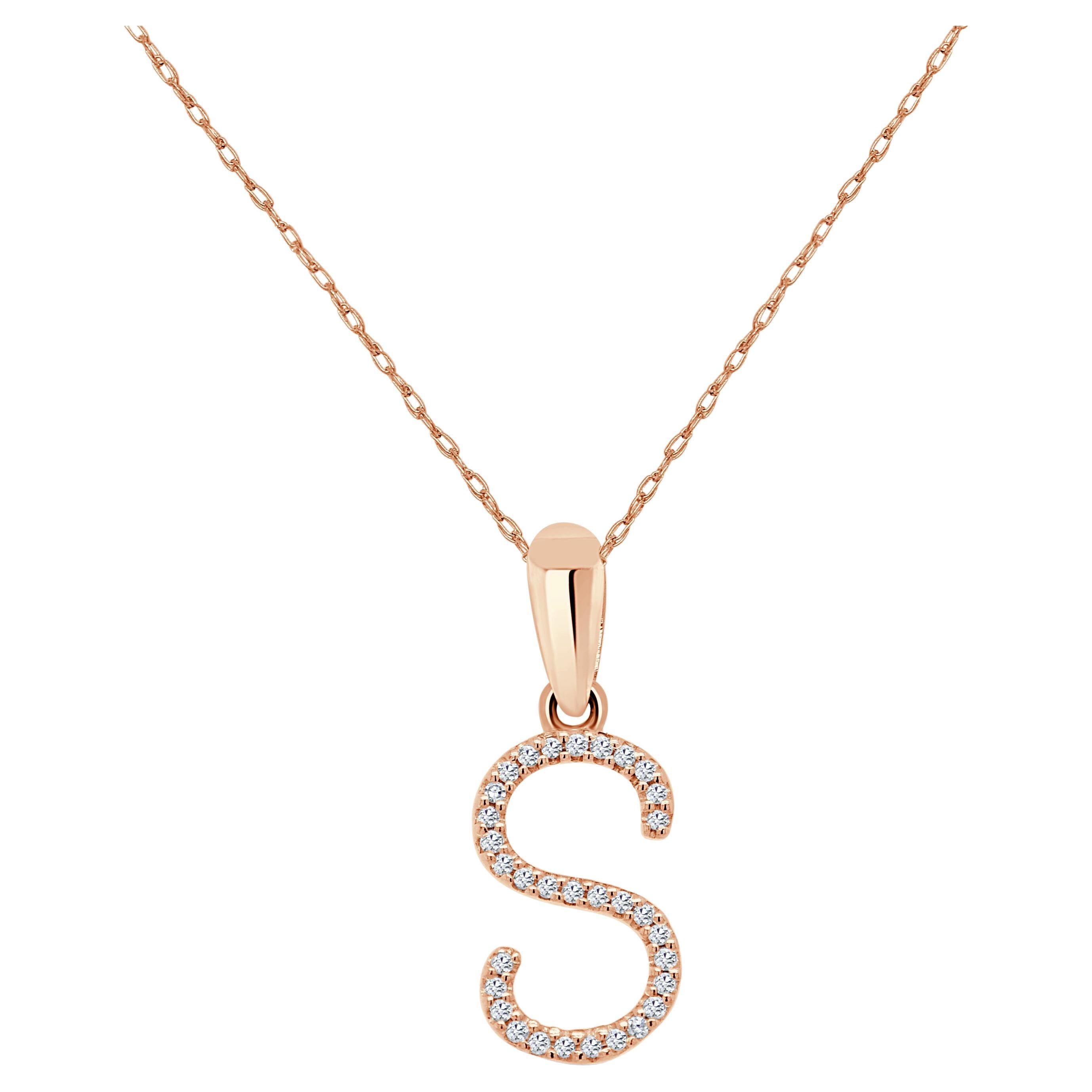 14K Rose Gold 0.10ct Diamond Initial S Pendant for Her For Sale