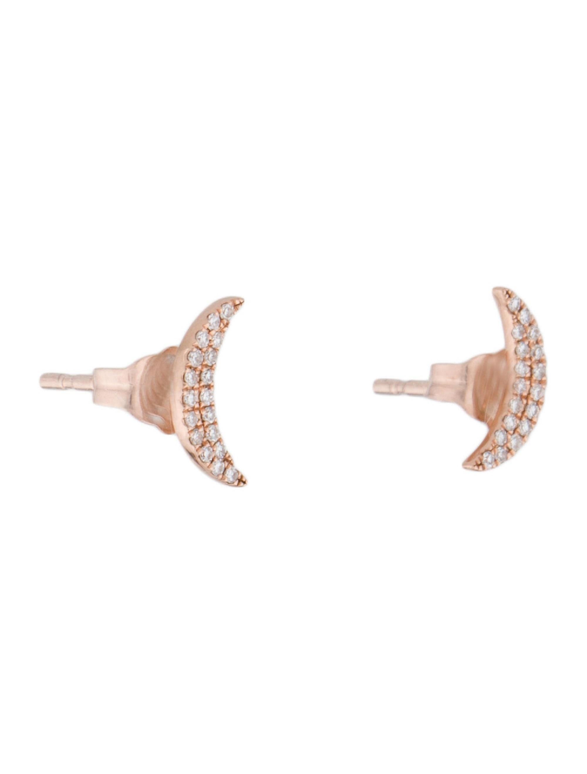 Women's 14K Rose Gold 0.12 Carat Diamond Pave Moon Stud Earrings For Sale